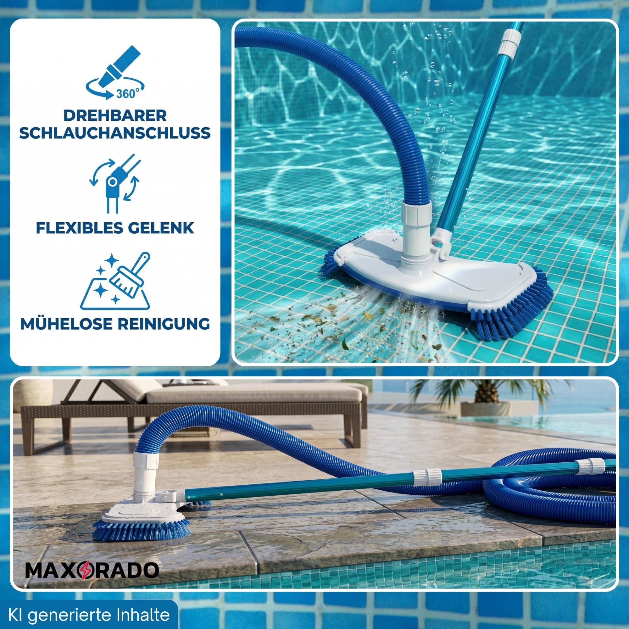 Poolsauger Bodensauger Set mit Düse, Schlauch und 2,4m Teleskopstange | Für Pool und Schwimmbecken, Spa geeignet, Bodenreiniger, Saugbürste