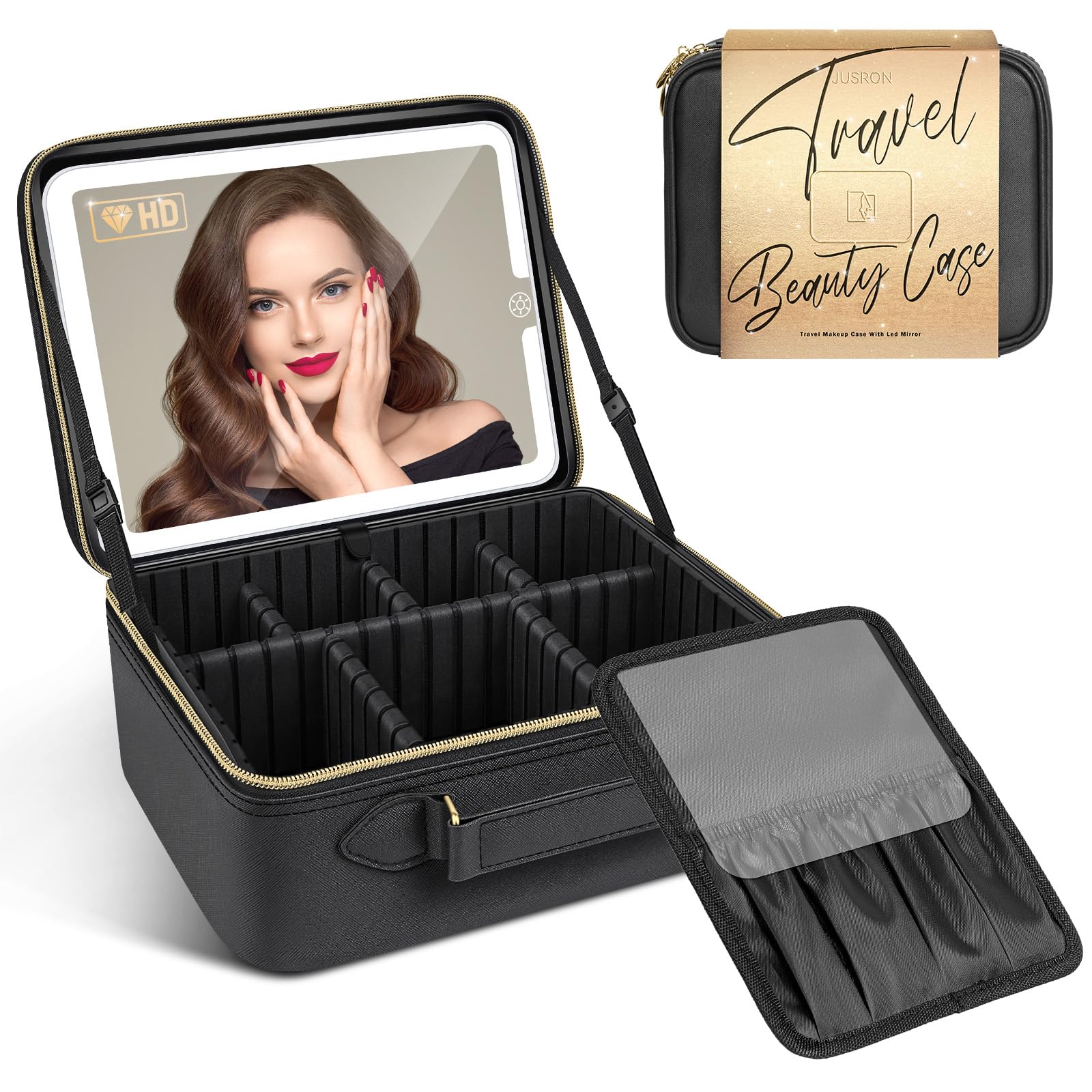 JUSRON Travel Makeup Bag With LED Mirror,Train Case with Light up Mirror, Portable Makeup Artist Organizer Bag with Adjustable Dividers (Black, Large)