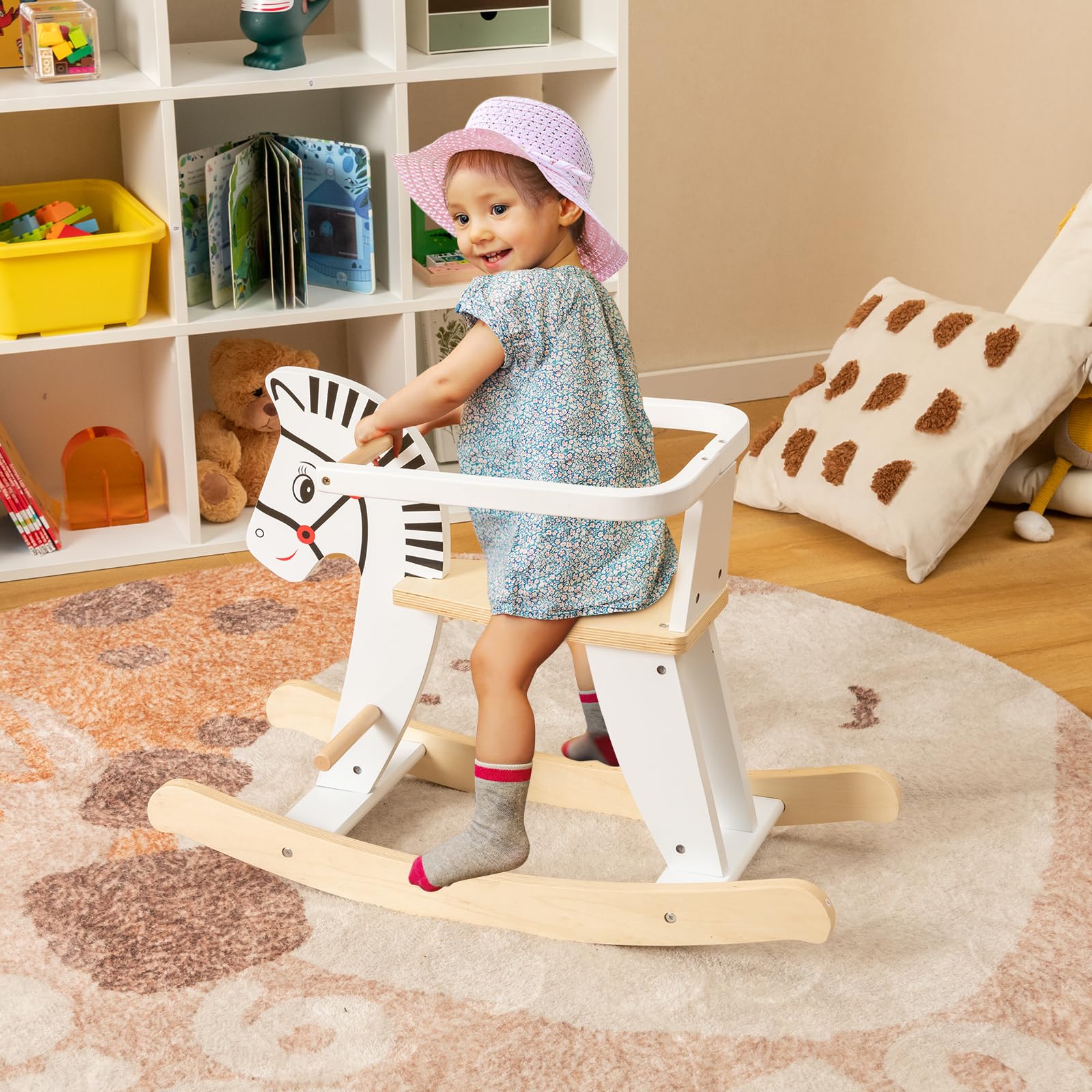 COSTWAY Caballito de Madera de Balancín, Balancines para Bebes con Vallas Extraíbles, Equilibrio Suave de 11-22 Grados, Asiento y Respaldo Cómodos, Caballo Mecedor de Madera para Niños de 3+ Años