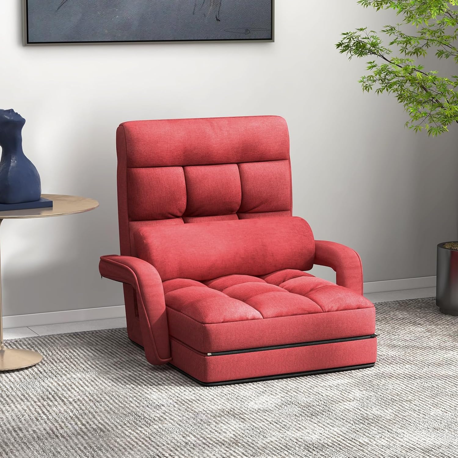 KOMFOTT Foldable Floor Lazy Sofa Chair, Indoor Chaise Lounge Chair with 6 Positions Adjustable Backrest, Detachable Seat Cushion, Armrests & Pillow, Cozy Floor Chair for Living Room, Bedroom (Red)