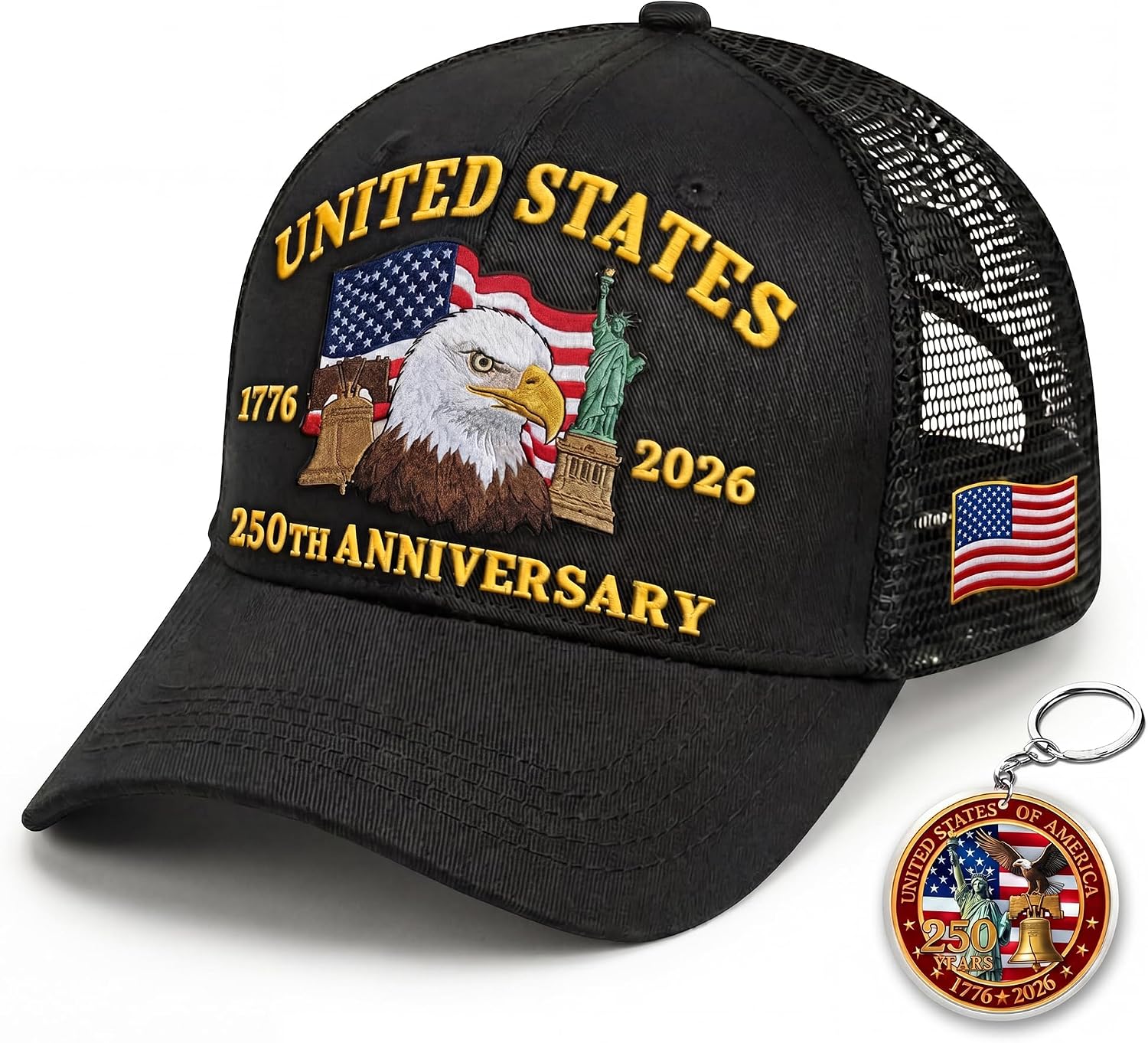 Hyturlte 250 Anniversary USA Hat Embroidered Patriots Eagle Trucker Cap with Keychain, 250th Anniversary Mesh Back Cap for Men Women, Adjustable America 250 Patriotic Hat