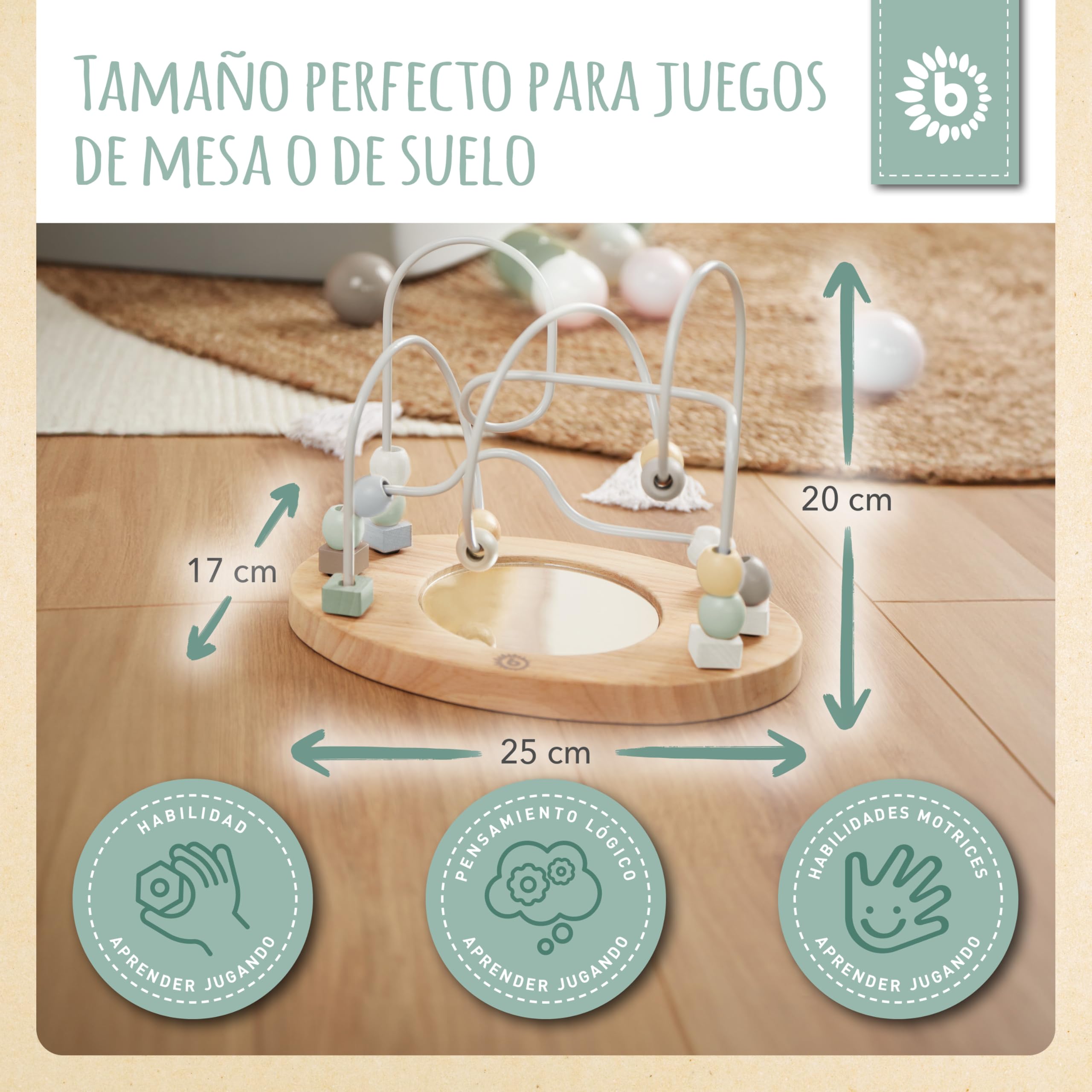 Laberinto De Cuentas De Madera Bieco Con Espejo – Juguete Educativo De 1 A 3 Años, 25x17x20.2 Cm, Colores Suaves