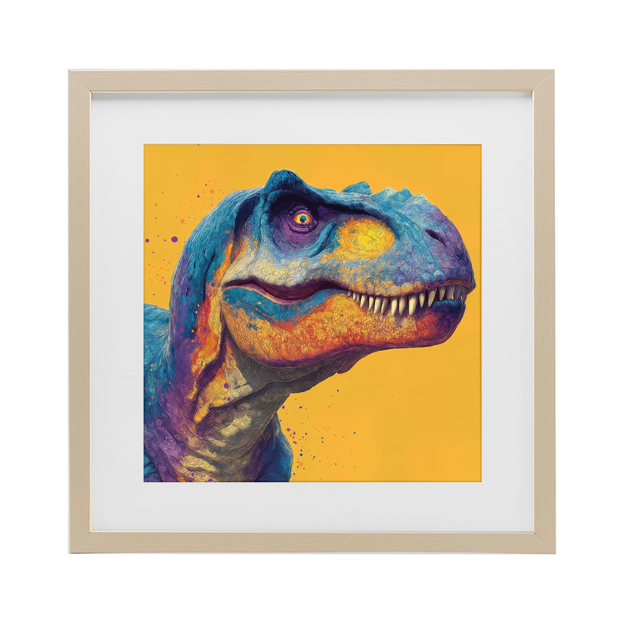 Stupell Industries Harvest Pine (Textured) Vibrant T Rex Portrait Nursery, 16 X 16 Inch Framed Print Under Glass