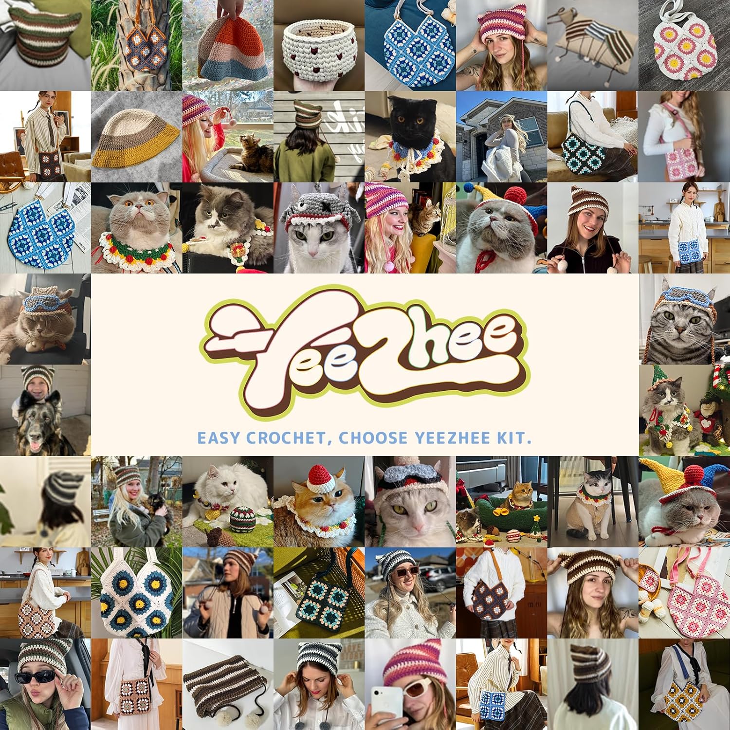Yeezhee Crochet Kit for Beginners & Intermediate – DIY Cat Hat with Ear Holes, Step-by-Step Video Tutorials, Fun Knitting Gift for Adults & Kids, Aviator-Themed Pet Hat