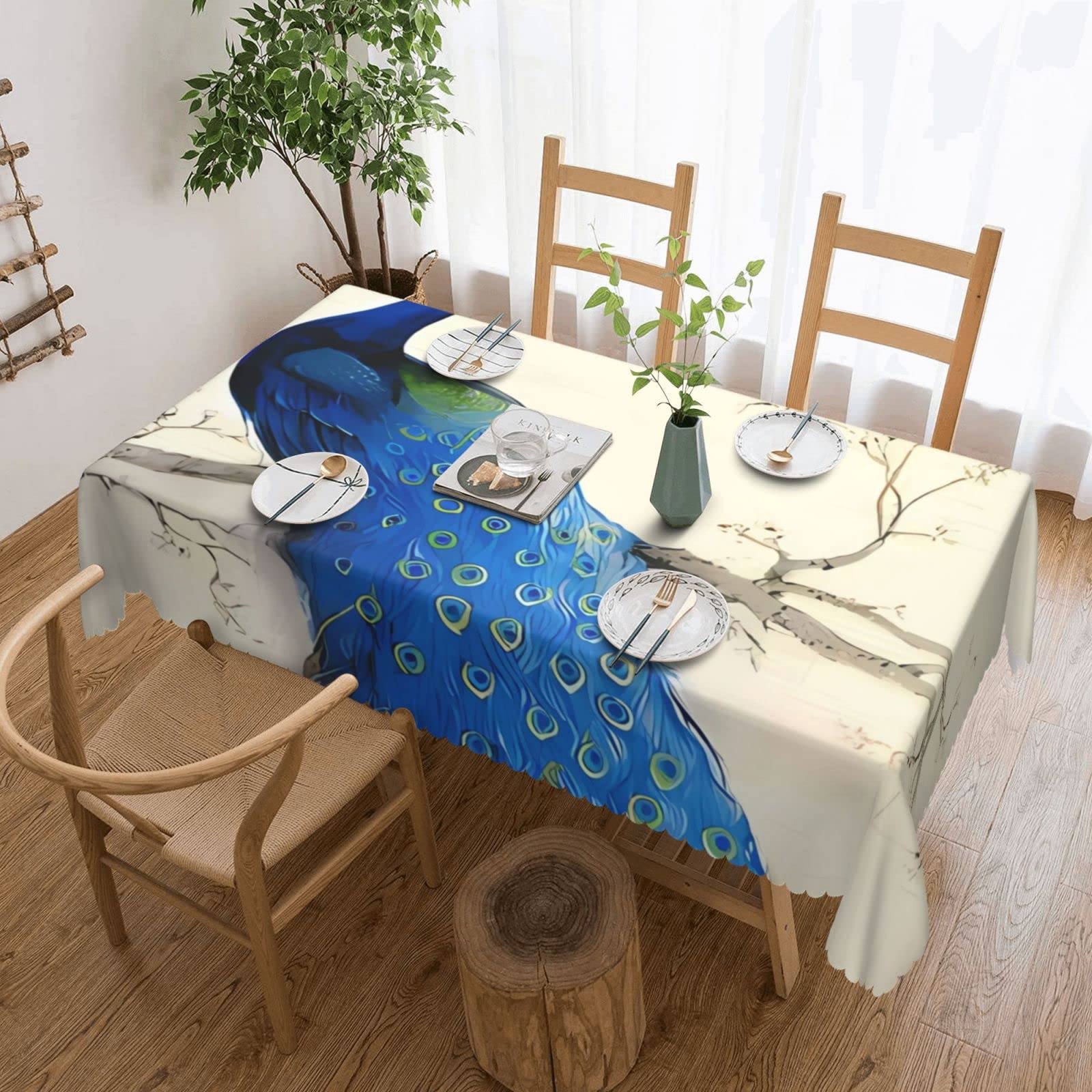 Nappe paon bleu 137x183 cm en tissu jacquard élégant pour table de salle à manger