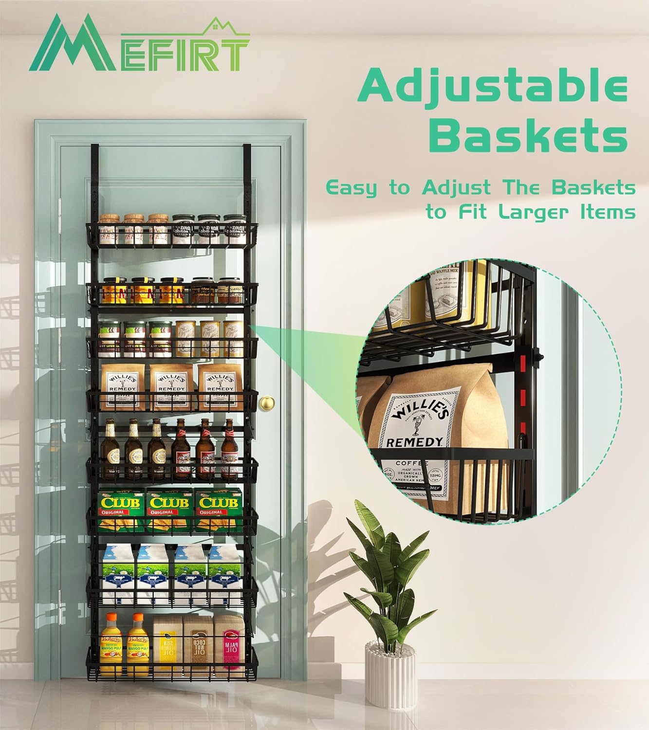 Mefirt Over The Door Pantry Organizer, Wall Mount Spice Rack, Pantry Hanging Storage and Organization, 8 Adjustable Baskets Heavy-Duty Metal for Home & Kitchen, Back of Door Seasoning Rack - Black