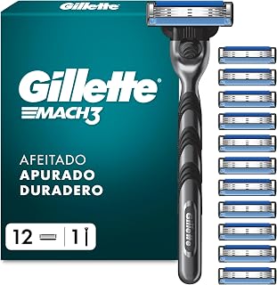 Gillette Mach3 Base Maquinilla De Afeitar Para Hombre Con Recambios, 1 Mango, 12 Cuchillas De Recambio Con 3 Hojas y Banda De Gel Lubricante Para Un Afeitado Suave