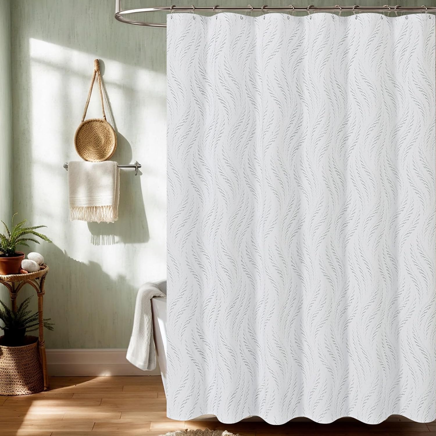 Sage Green Boho Farmhouse Cloth Fabric Shower Curtain, 3D Texturedf Fern Leaves Minimalist Cute Modern Shower Curtain Sets, 72x84 inches