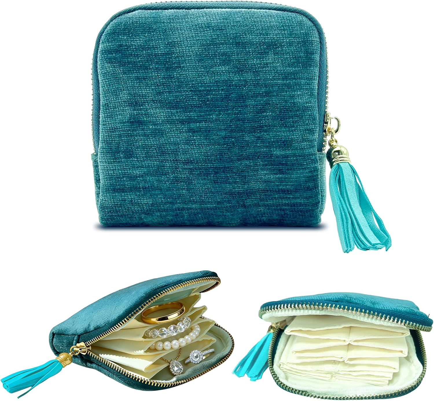 Small Travel Jewelry Case,Soft Velvet Jewelry Organizer,Portable Jewelry Travel Pouch Box Bags With Zipper&Tassel For Healing Crystal Bracelets,Necklace Bangles Storage Ring Holder,Women Gifts-Blue