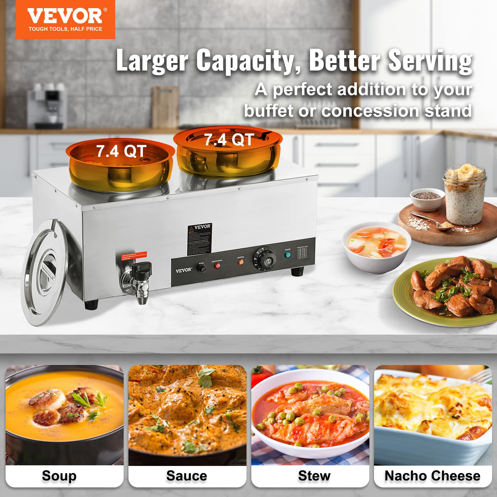 VEVOR Chauffe Soupe de Restaurant 2x7 L Station de Soupe Électrique 1200 W Chauffe-Plat avec Marmites en INOX 30-85 °C Protection Contre Brûlure Sèche Réchauffe Sauce Fromage Chocolat Buffet Traiteur