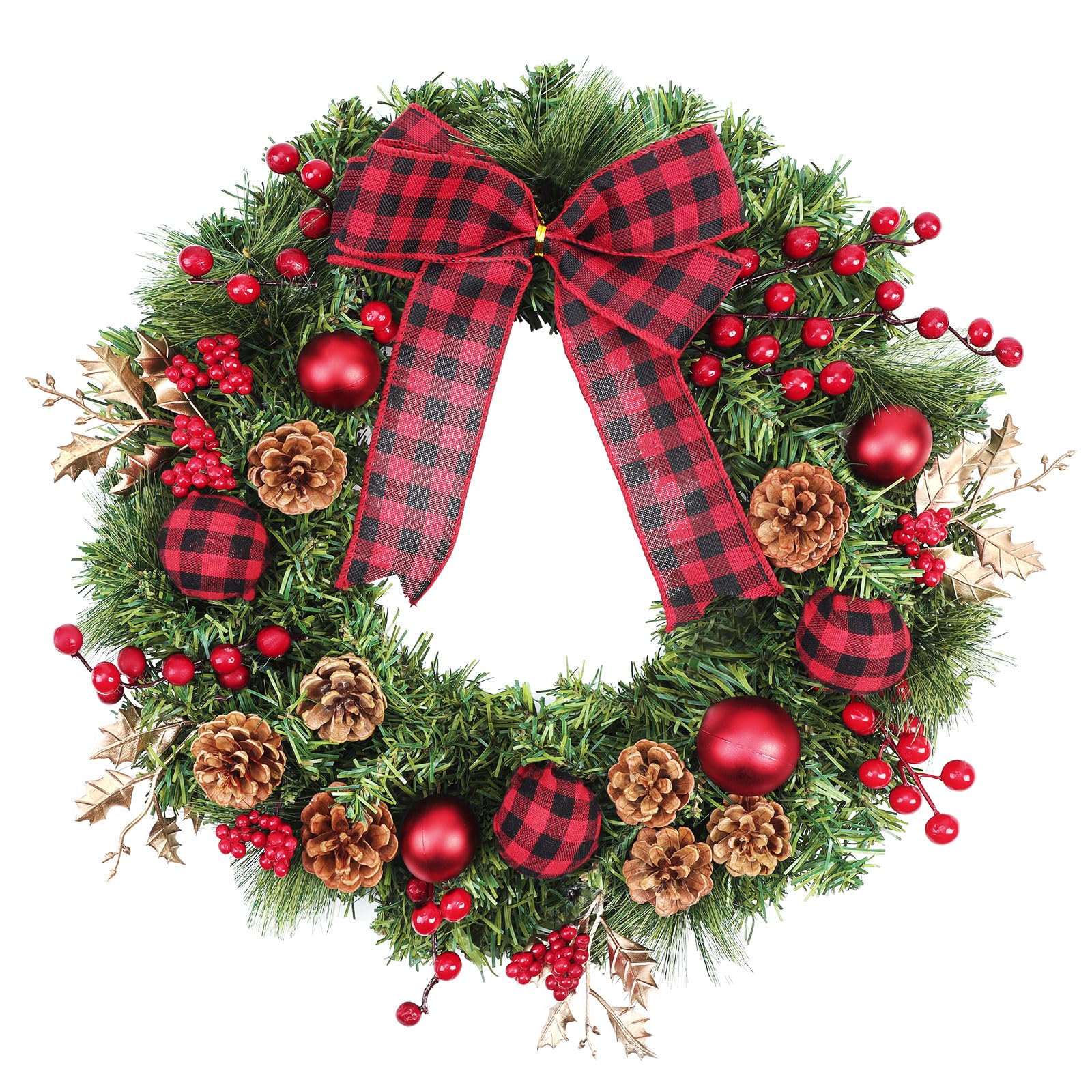 40CM Türkranz Weihnachten,Weihnachtskranz Haustür mit 30 LEDs,Weihnachtskranz mit Laterne, Kugeln, Beeren & Schleifen, weihnachtstürkranz, Weihnachten Dekor