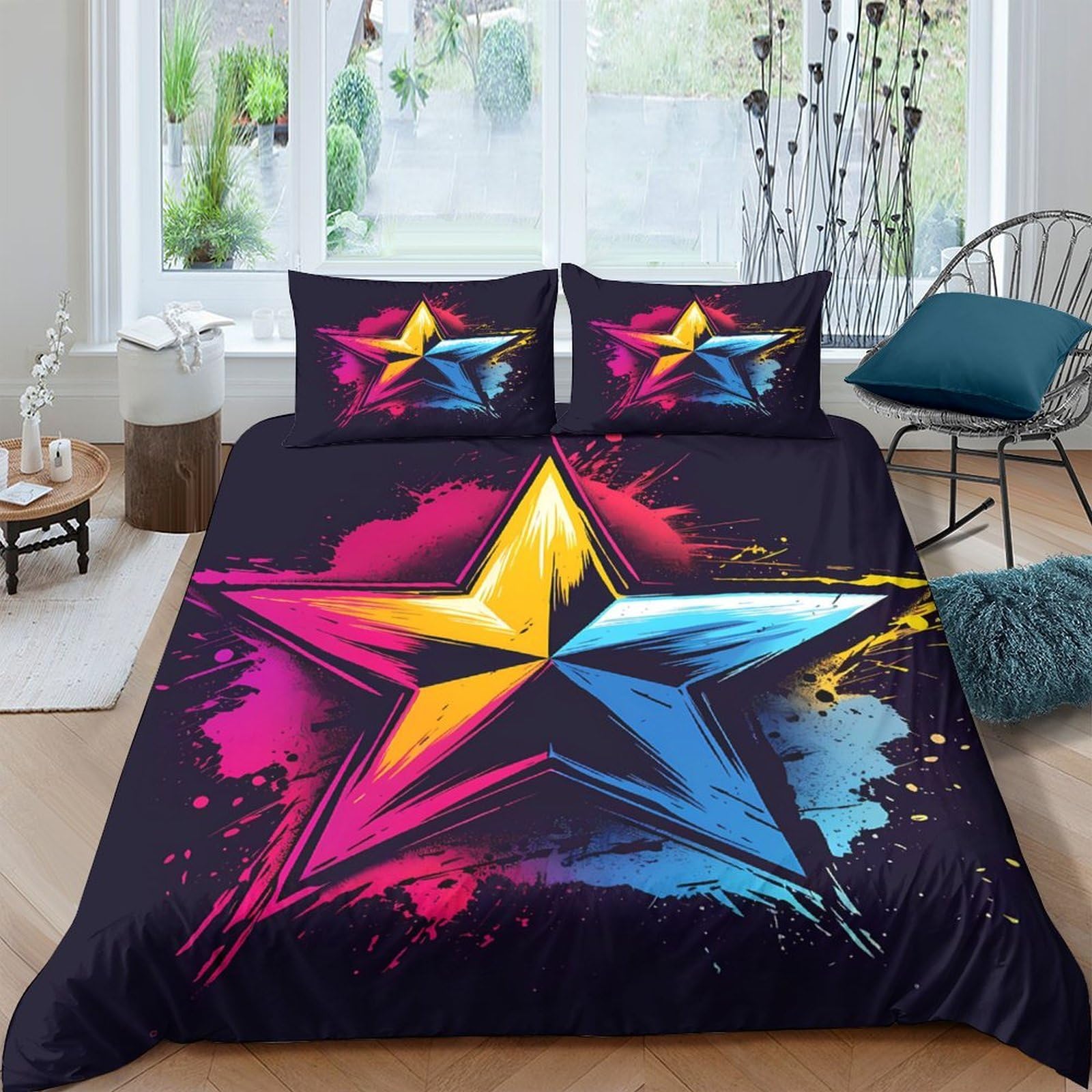Ctjqhvkz Style-8 3D Printed Neon Star Fitted Sheet Microfiber Vibrant Splash Bed Cover For Bedroom Dorm Mattress Protection Decor Single（135X200cm）