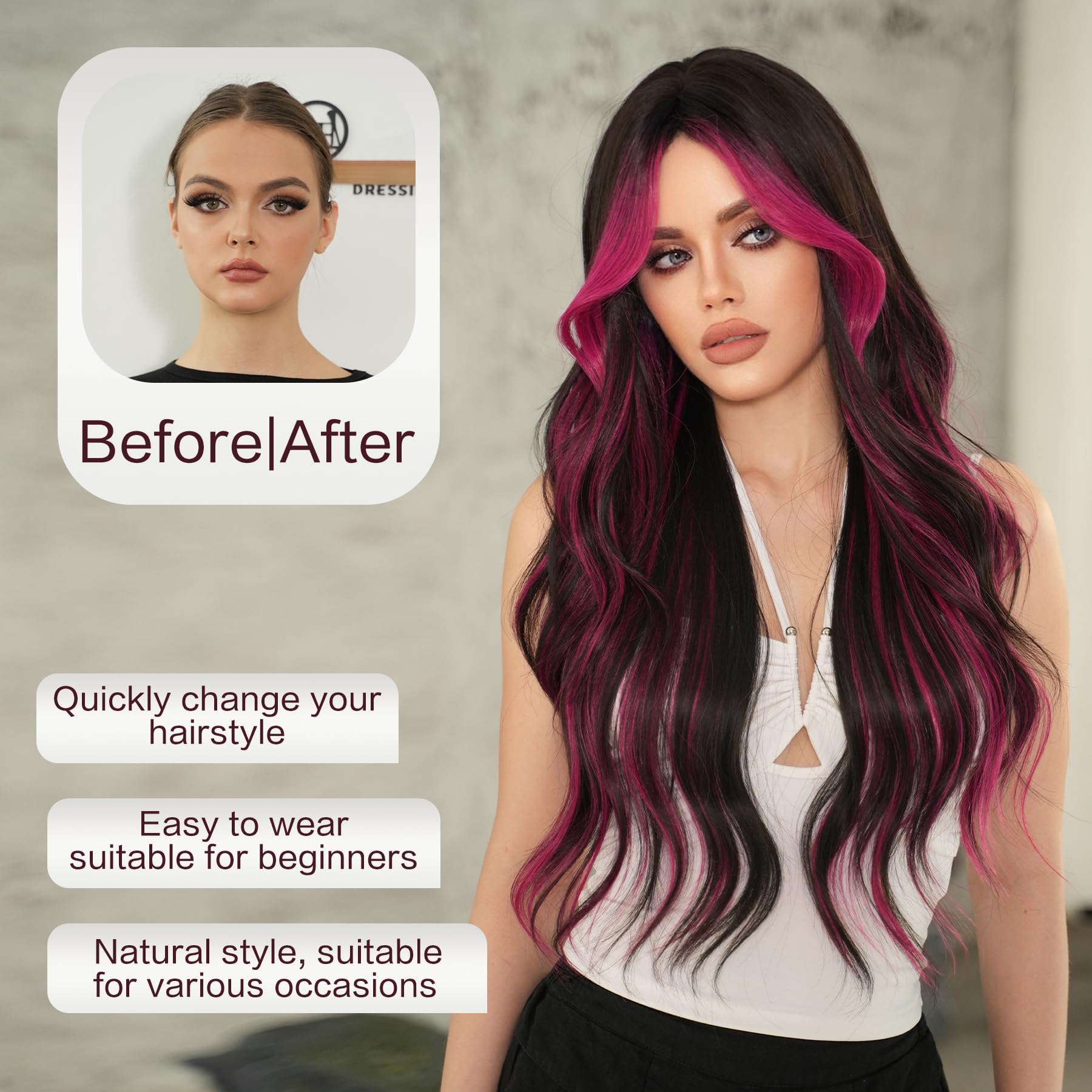 ?22” PINK WITH DARK ROOTS SLIGHT WAVY WIG? *NWT* Pink Long Wavy Wigs with Bangs Synthetic Dark Roots Wigs for  main image 4
