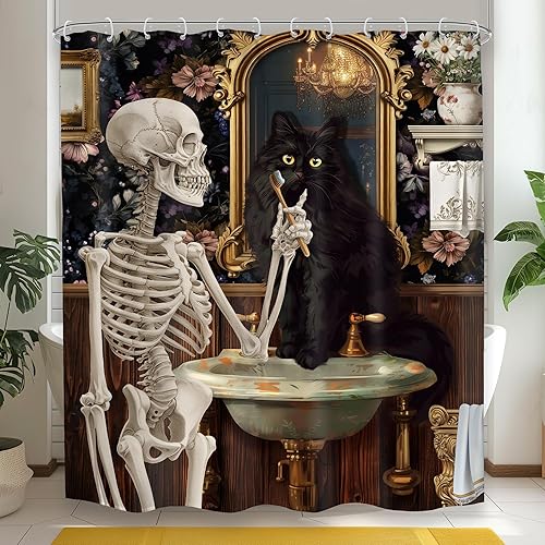 Cortina de ducha gótica de calavera de gato negro, 60 pulgadas de ancho x 72 pulgadas de alto, divertido esqueleto espeluznante, gatito, floral,