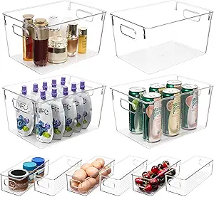 Tiawudi Clear Plastic Storage Bins, 4 Large and 6 Small Stackable Storage Containers for Pantry Organization, Organizer Bins for Home, Kitchen, Bathroom, Office, Cabinet Shelf Organizers, Set of 10
