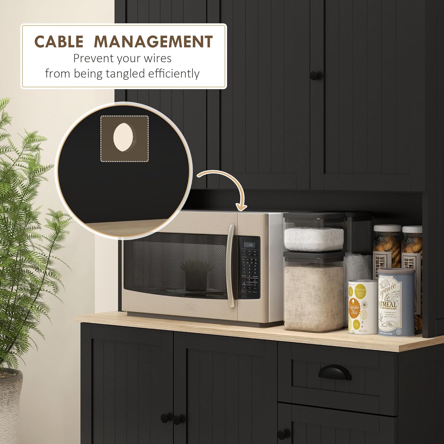 71" Black Modern Farmhouse Kitchen Pantry Storage Cabinet with Hutch