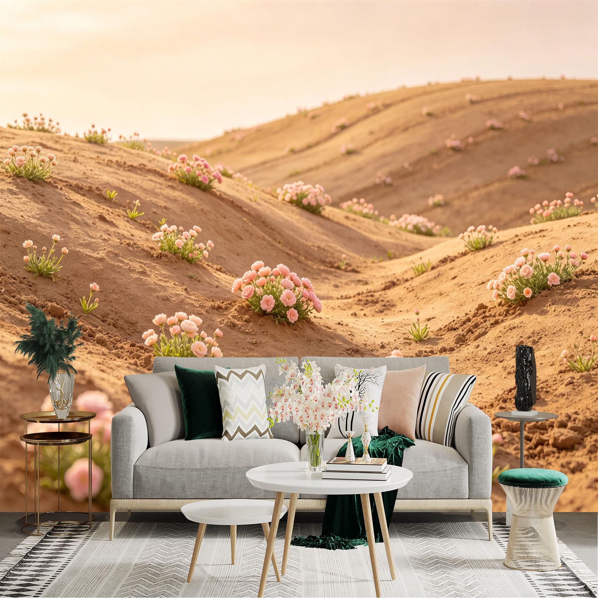 Lnzczhyre Dbh260521409 Custom Size Wall Sticker Mural， Golden Desert Landscape With Blooming Pink Flowers， Sunlit Sandy Hills， For Wall Decoration， Peelandstick Wall Decals.