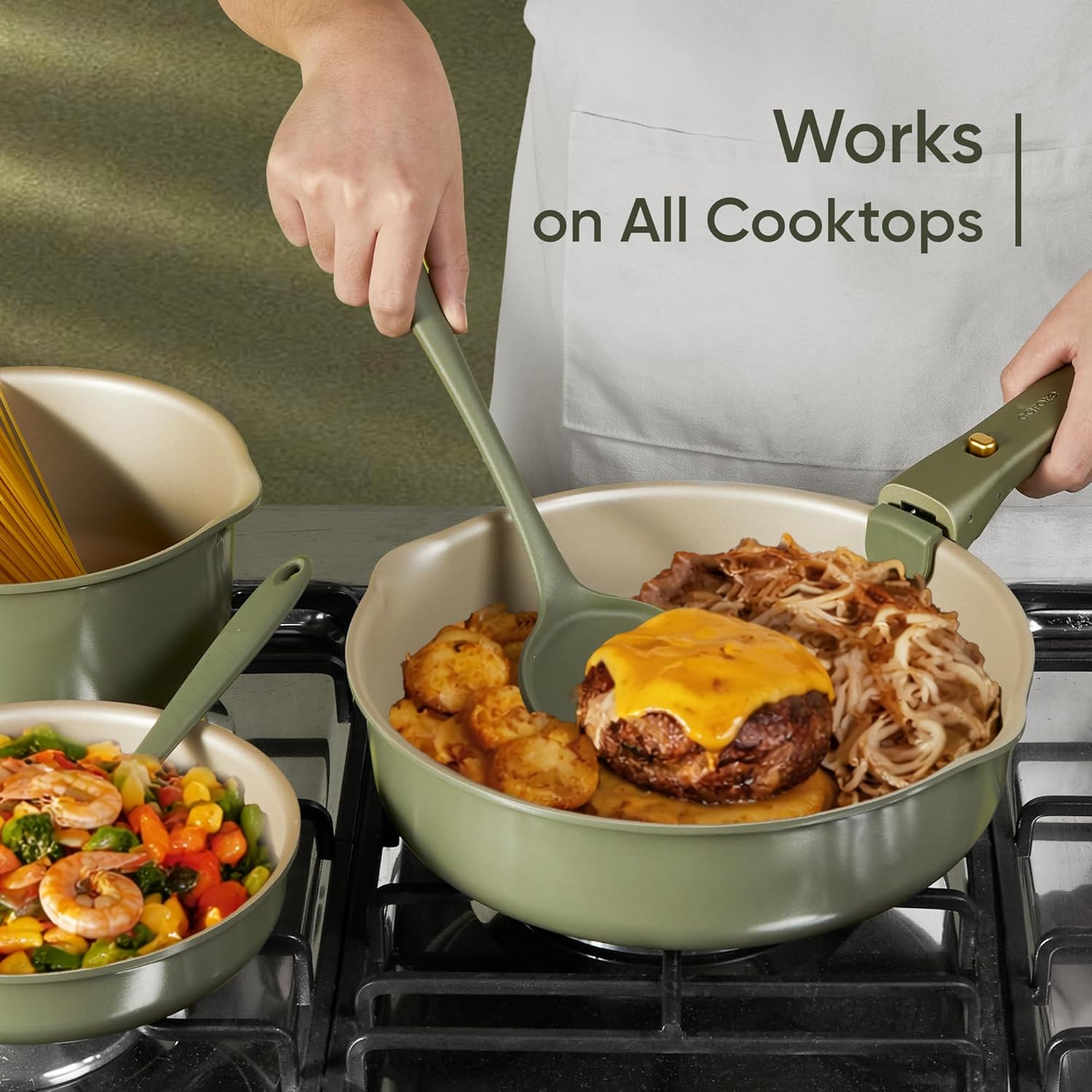 CAROTE 19Pcs Titanium Reinforced Nonstick Pots and Pans Set, Nonstick Cookware Set with Detachable Handle, Gold-Trimmed Cookware Sets, Removable Handles, Induction, Dishwasher Safe, Oven Safe, Green
