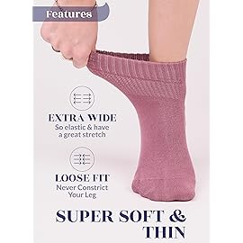 Hugh Ugoli Diabetic Socks for Women, Super Soft, Thin Ankle Socks, Wide, Loose, Non-Binding Top, Seamless Toe, 4 Pairs, P.Orange/R.Cloud/P.Blue/P.Pink, Shoe Size: 10-12