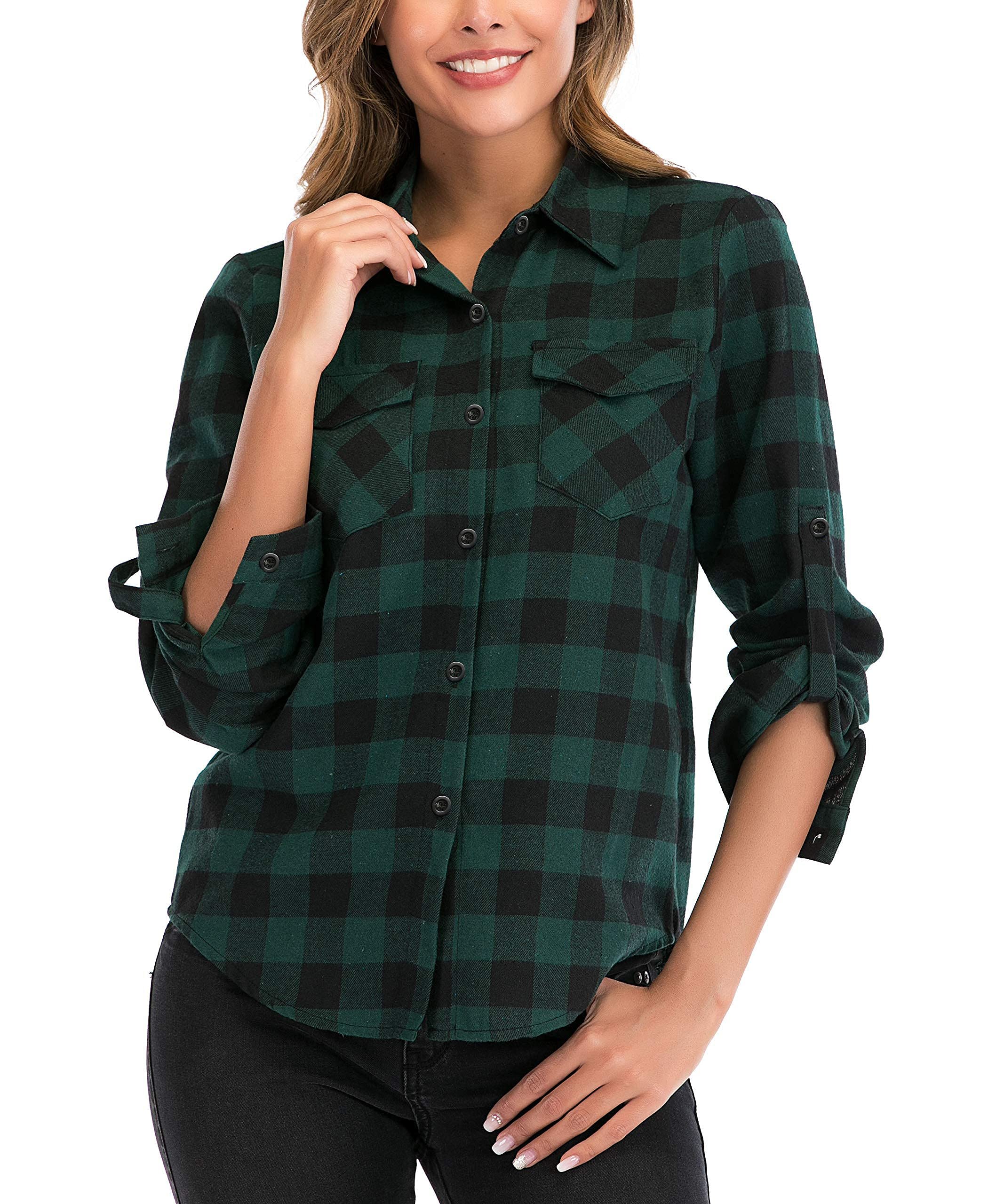 Enjoyoself Damen Karierte Bluse Langarm Karo Flanell Hemden Baumwolle Button-down Holzfäller Hemdbluse für Alltag und Oktoberfest
