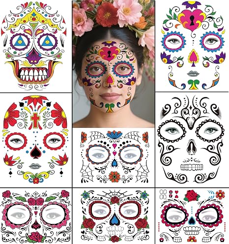 Halloween Temporary Face Tattoos Makeup Kit, Day of the Dead Sugar Skull Floral Black Skeleton Web Red Roses Full Face Mask Stickers Tattoo Families Party Supplies
