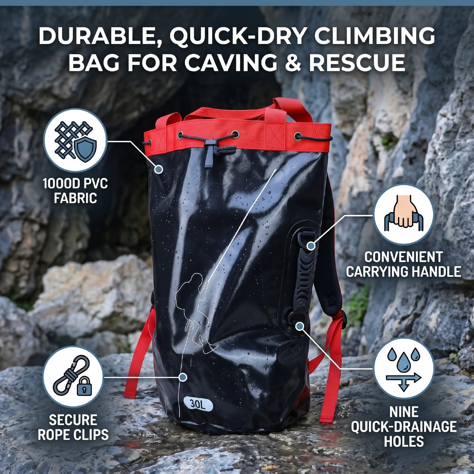 Dilwe Borsa da Arrampicata con 9 Fori di Drenaggio per Speleologia e (30L)