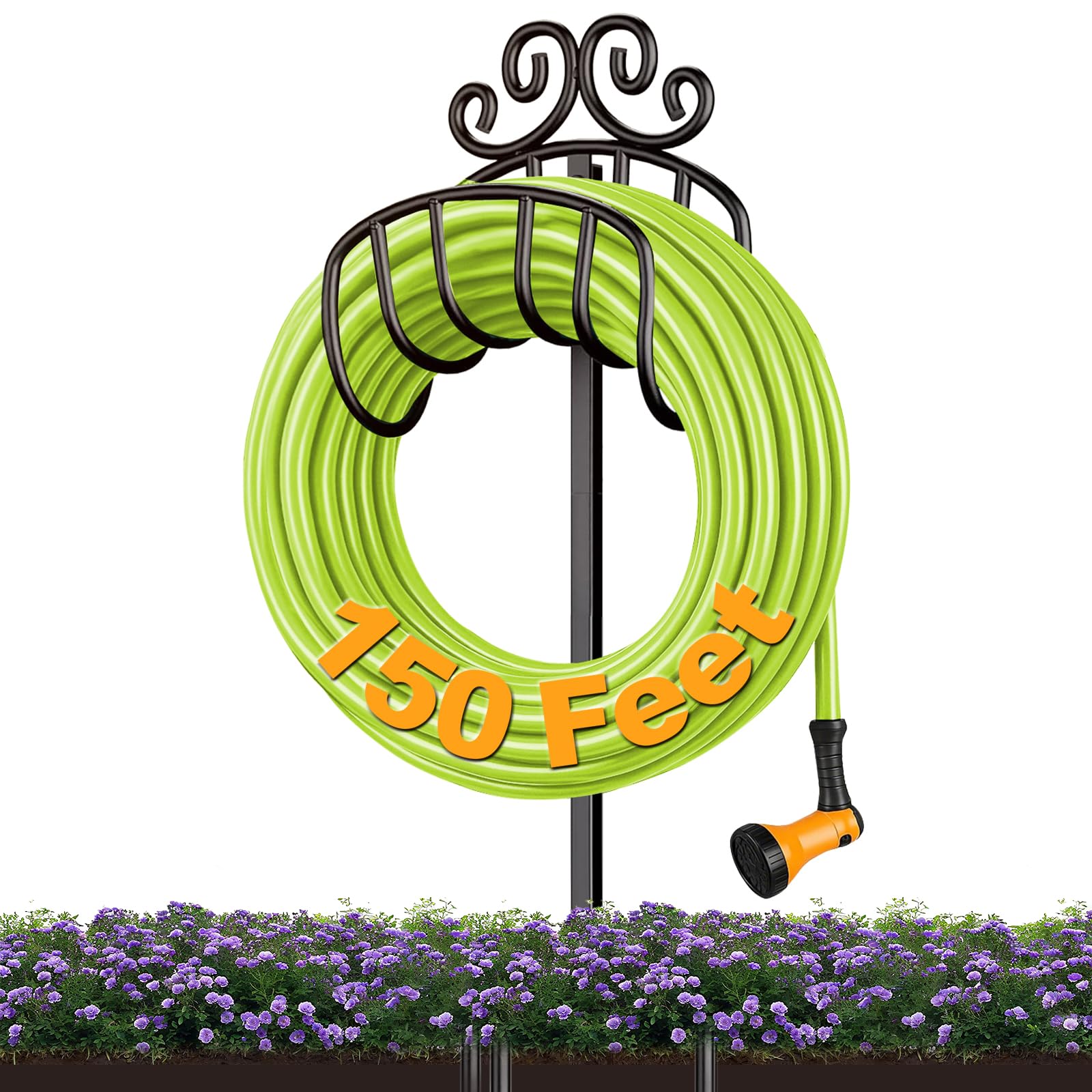 AMAGABELI GARDEN & HOME Hose Holder for Outside Freestanding 150 Feet Holds Heavy Duty Metal Detachable Rustproof Hose Stand Hanger Decorative Water Hose Storage With Ground Stakes Garden Lawn Black