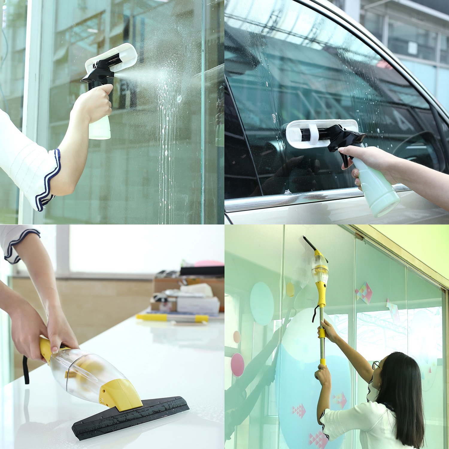 Limpiador de Ventanas Eléctrico,Limpiacristales eléctrica, Aspirador de Ventana con mango telescópico,boquilla succión de 28 cm, botella pulverizadora con funda microfibra para limpieza sin rayas 360°