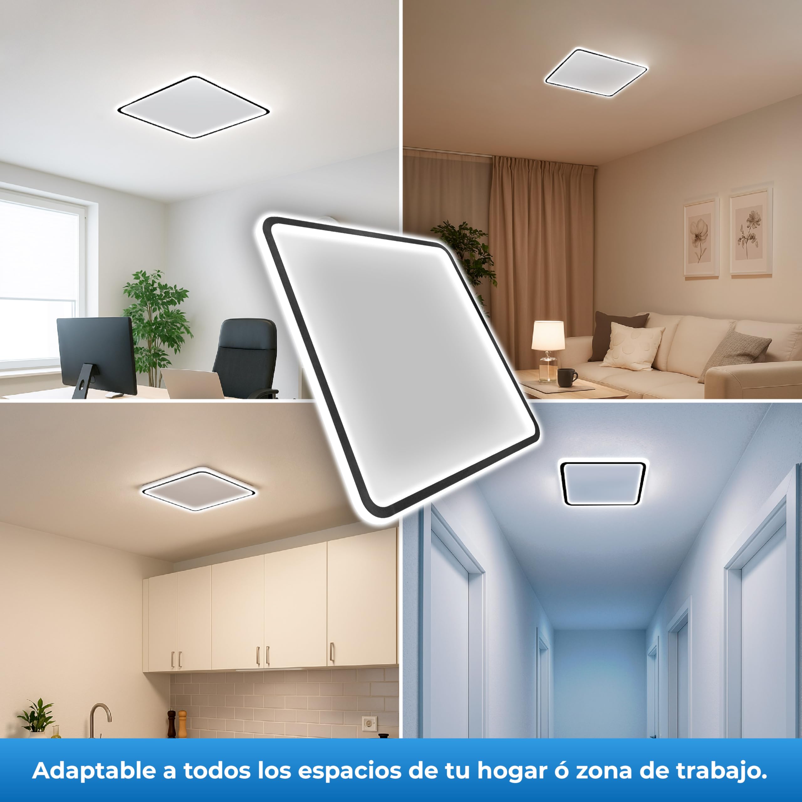 LED ATOMANT 2x Plafon LED Negro Marco Luz Indirecta 50x50cm 36W CCT | Con Selector de color CCT, Mando a distancia