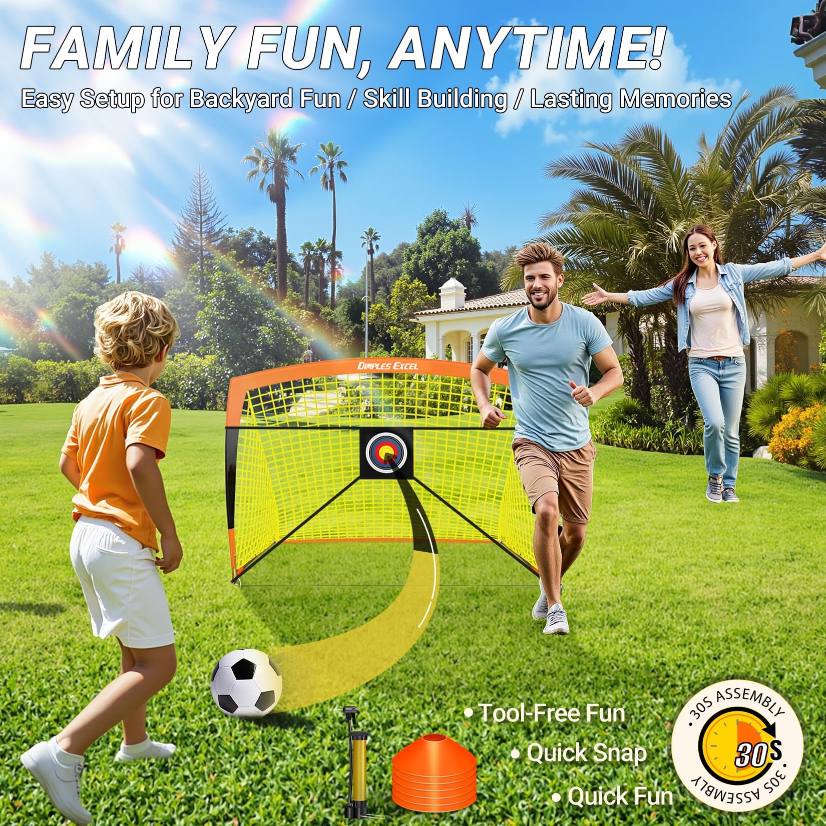 Dimples Excel Soccer Goals - Red de fútbol para niños para Patio Trasero de 7 x 5 pies, 5 x 3.6 pies, 4 x 3 pies, 3 x 2.2 pies