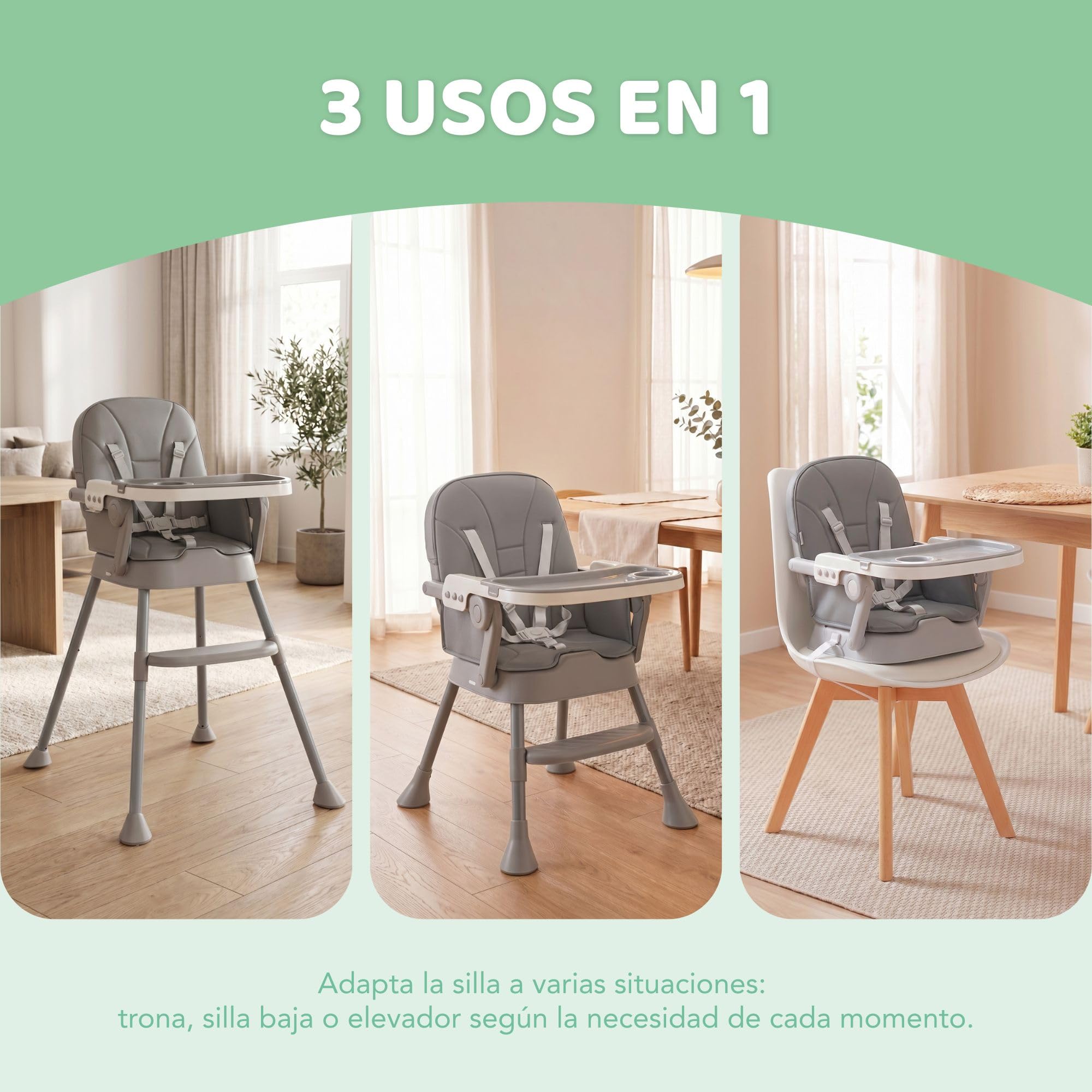 Tronas De Bebe 3 En 1 Con Kit Vajilla de Silicona – Silla Bebe Comer Con Asiento Acolchado - Trona Bebe Plegable Fácil De Limpiar, Montaje Rápido, Estabilidad