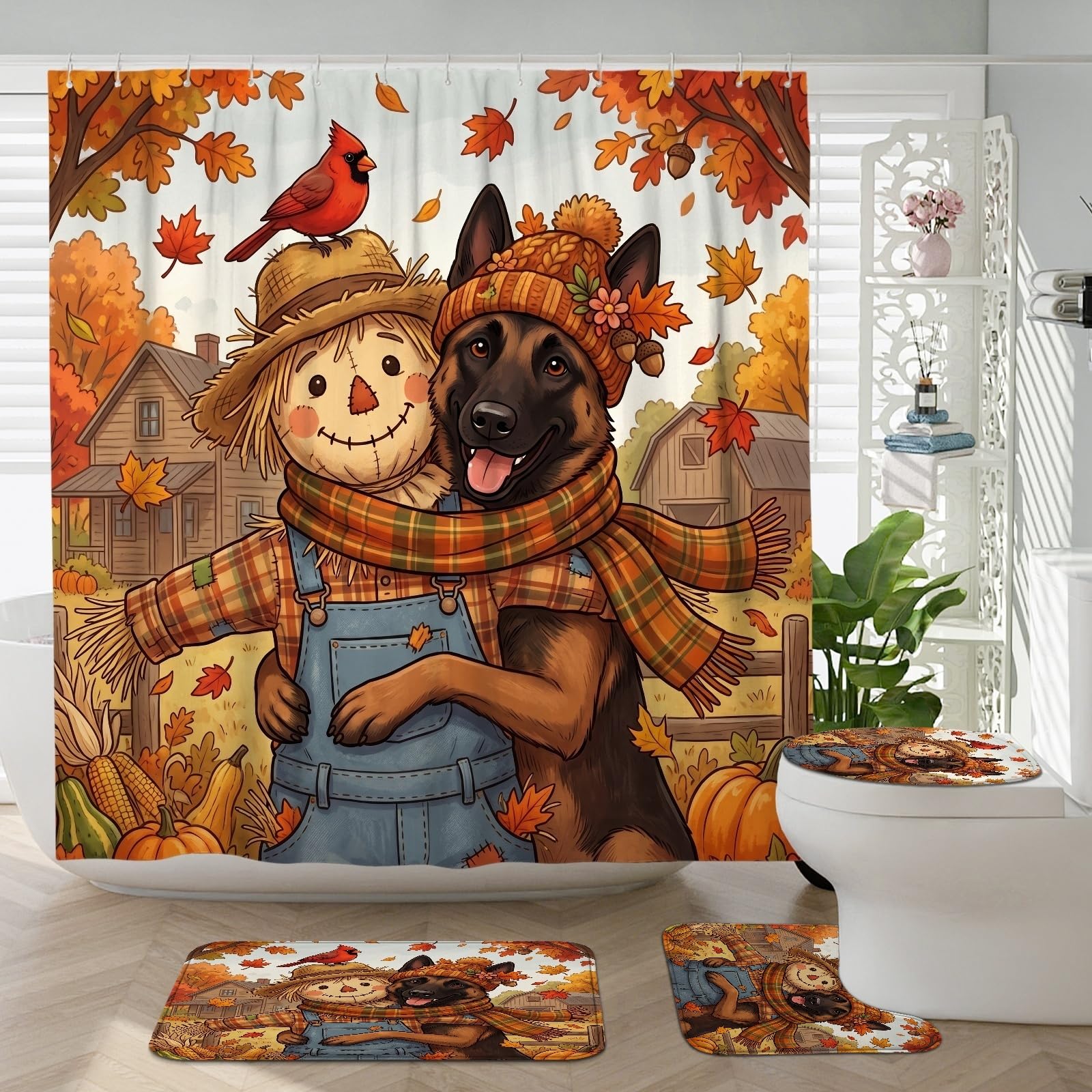 Tapis Malinois et rideau de douche automne : kit complet 4 pièces pour salle de bain