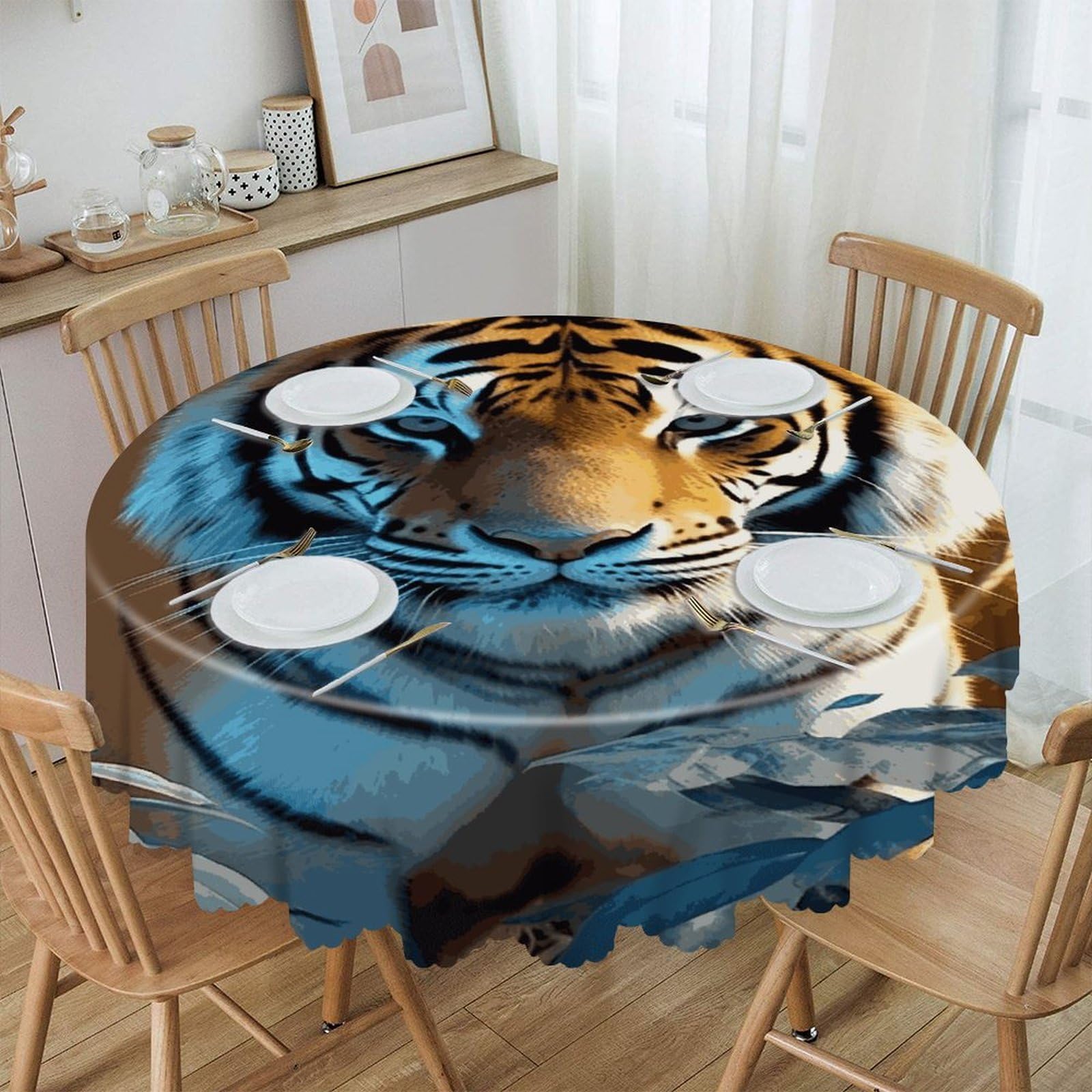 VstaDank African Wildlife Tiger Round Tablecloth 60 Inch Easy to Clean Circle Table Cover Thick Decorative Round Polyester Table Cloth for Dining Kitchen Party Farmhouse Outdoor