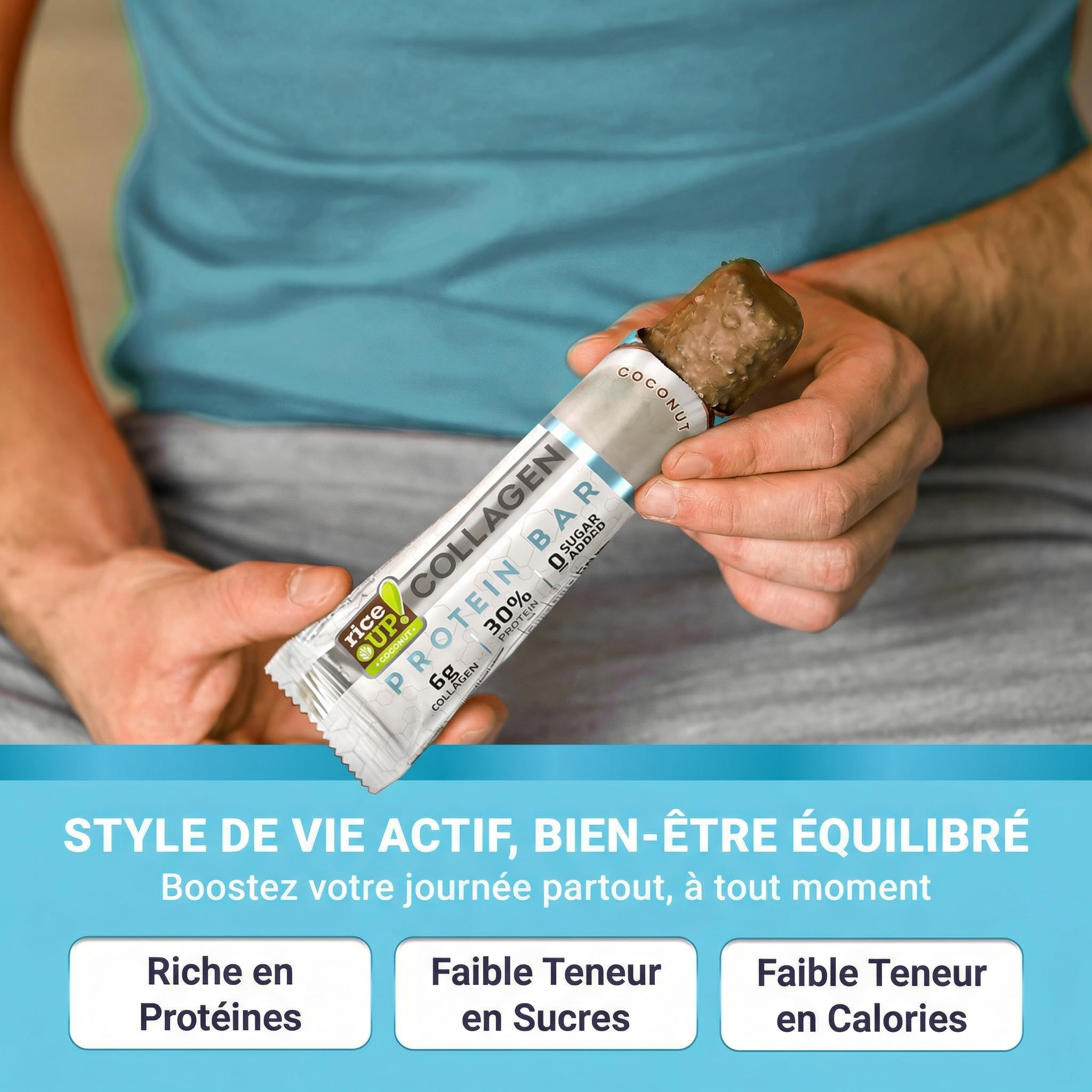RiceUP! Barre Protéinée Noix de Coco au Collagène – 30% Protéines, 6000 mg Collagène Type I & III, Sans Sucre Ajouté, Moins de 215 kcal – Snack Protéiné 12 x 42 g
