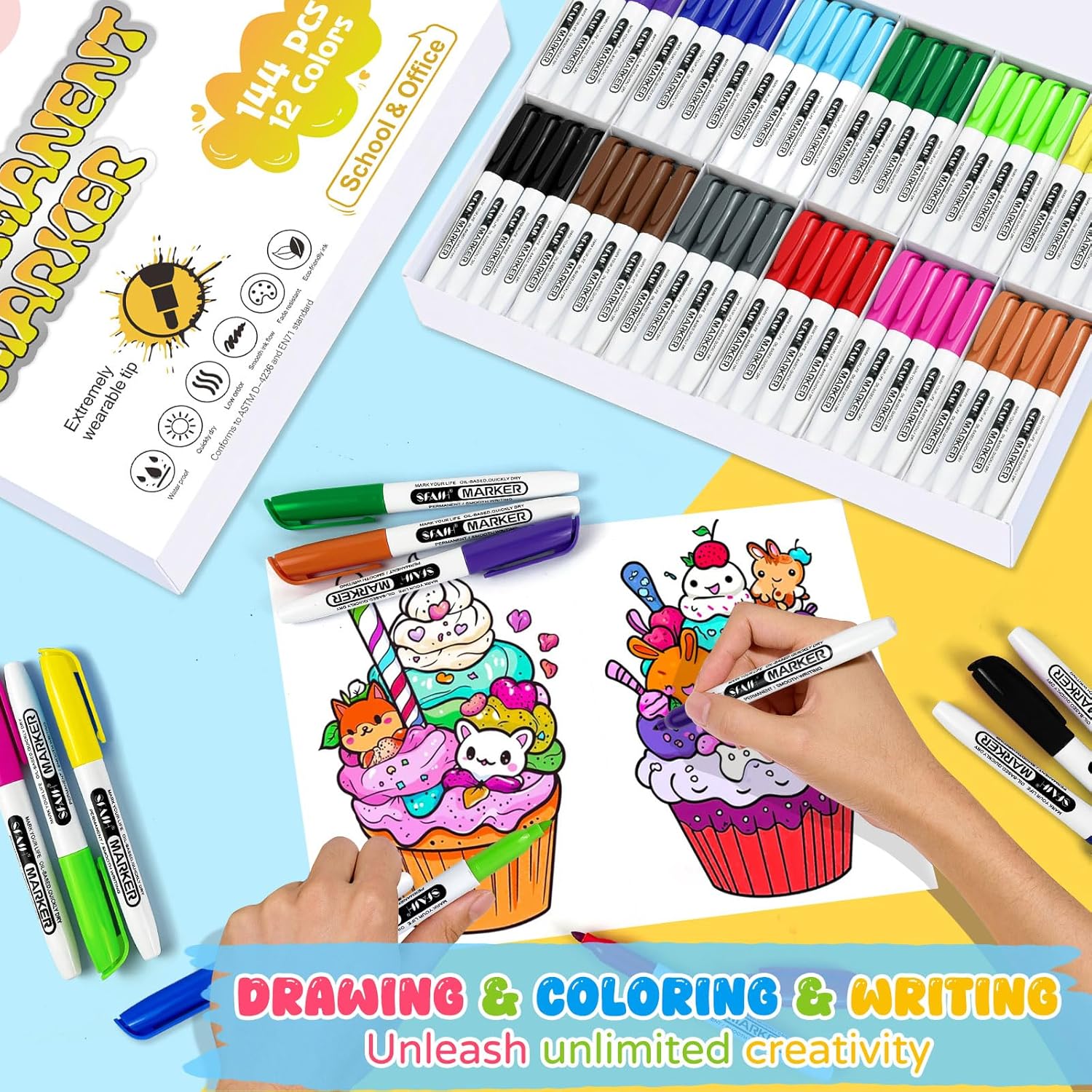 SFAIH 144 Pack Permanent Markers Bulk - School Classroom Set, 12 Vibrant Colors, Works on Paper, Clothes, Plastic, Fabric, Student Art Supplies, Drawing, Coloring, Non-Toxic, Classroom Group Supplies