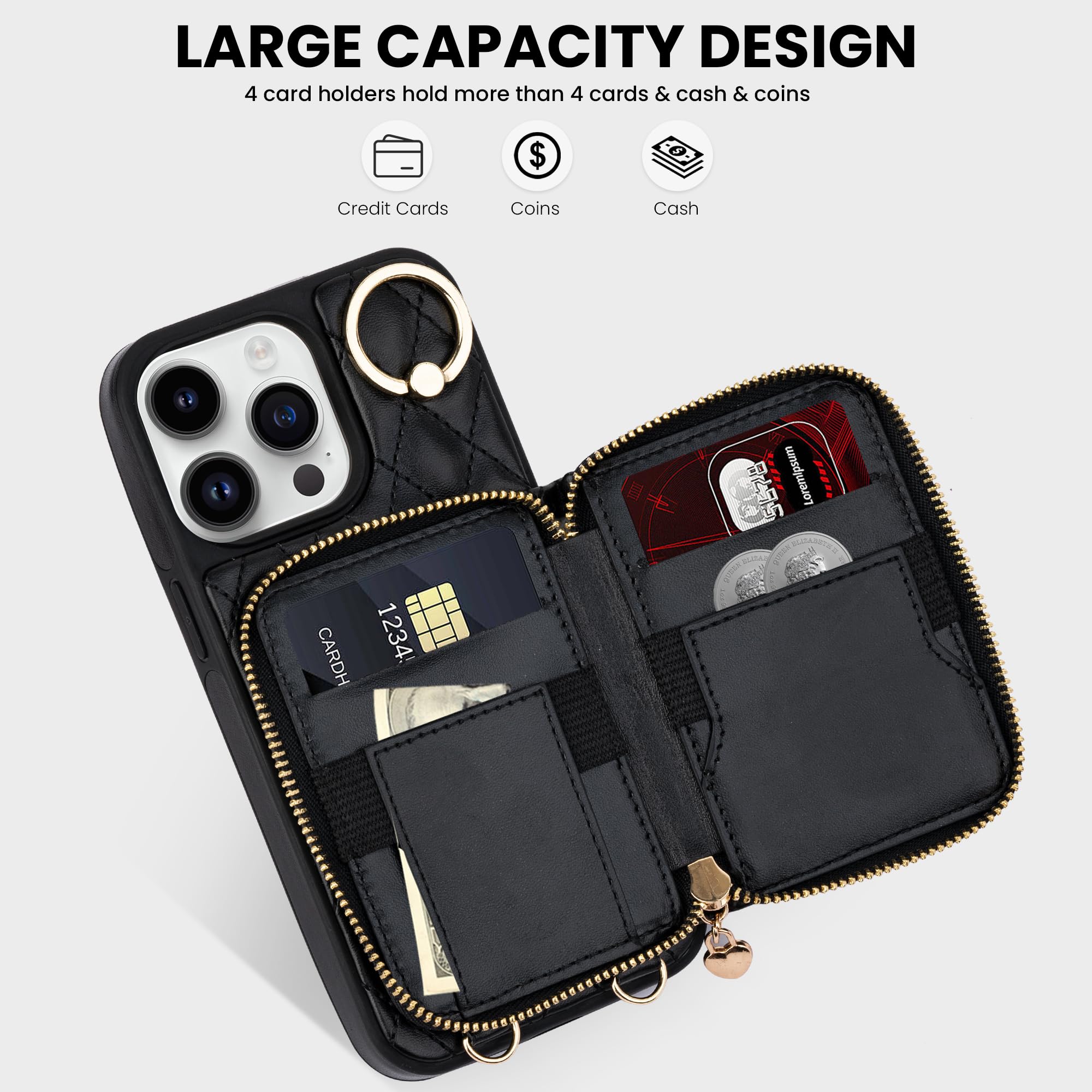 Keallce Case for iPhone 14 Pro Max 6.7'' Wallet Case, Crossbody Zipper Purse Handbag Wristlet for Women, RFID Blocking Card Holders, 360° Ring Kickstand Flip Leather Cover for iPhone 14 Pro Max, Black