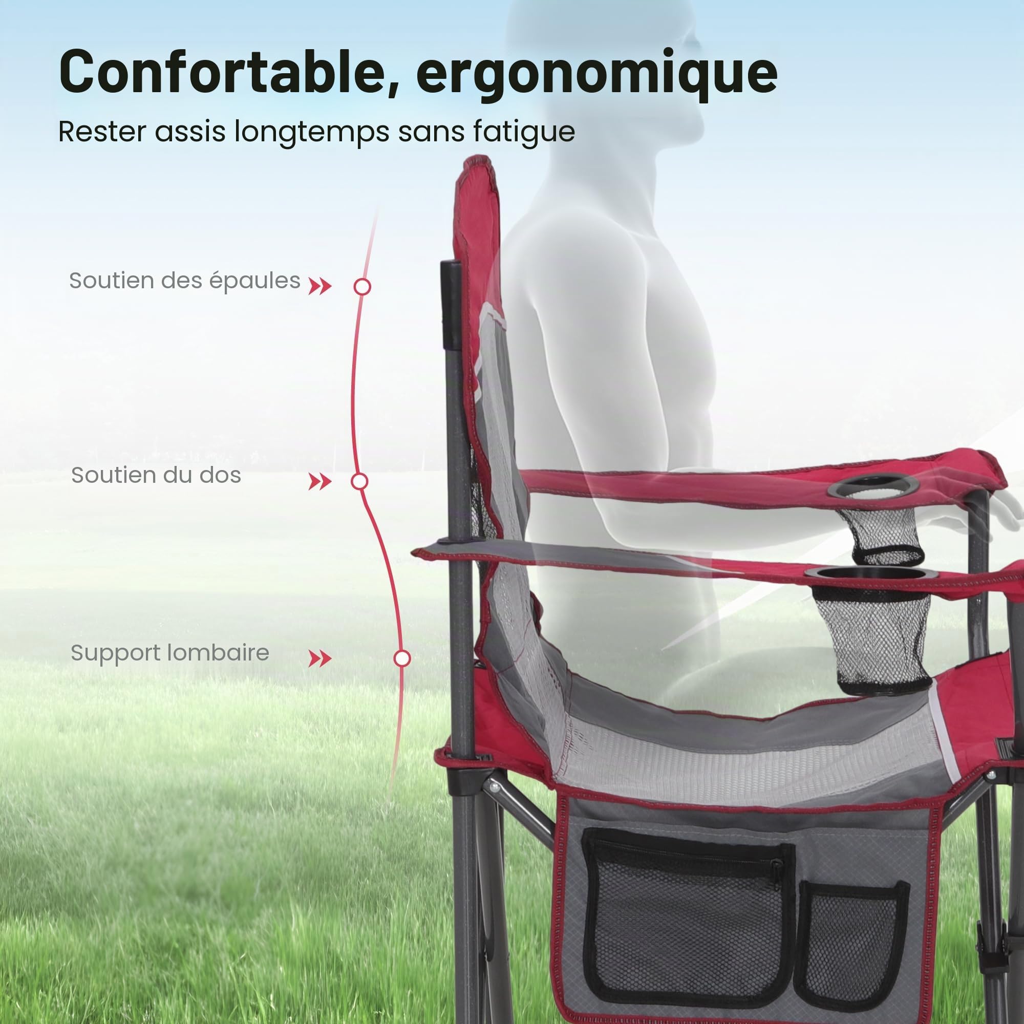 High Point Sports Chaise de Camping Pliante Portable avec Dossier en Maille, Chaise de Camping Rouge 150KG, Chaise de Pêche, Chaise d'extérieur, Jardin, Terrasse