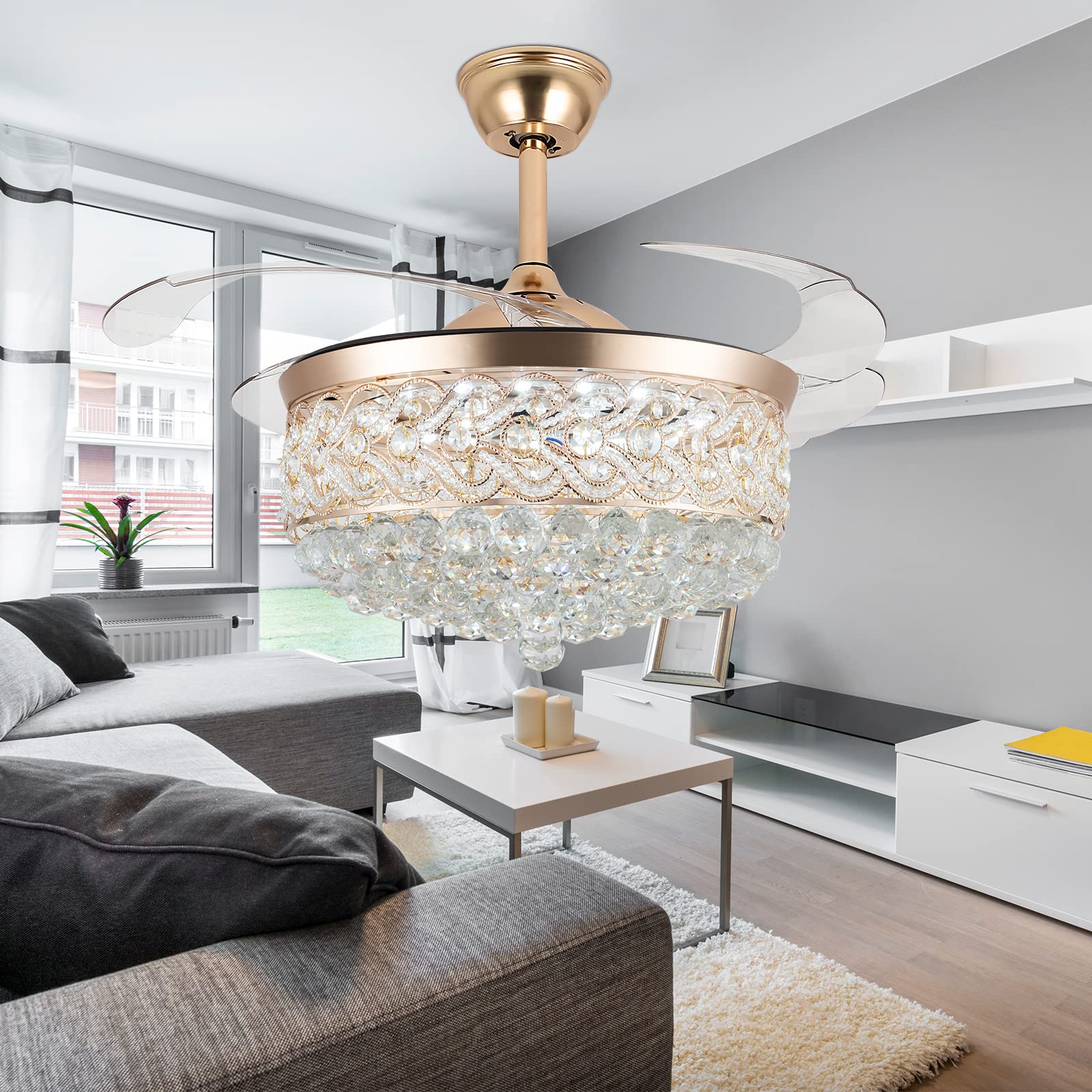 42" Ceiling Fans with Lights and Remote, Modern Retractable Invisible Chandelier Ceiling Fan Light with 4 Retractable ABS Blades for Bedroom Living Room Dining Room Decoration