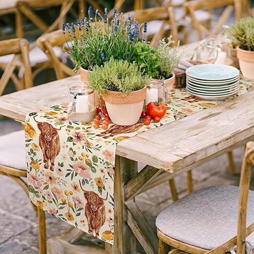 Miniatura 3 de Camino de mesa bohemio floral de vacas de las tierras altas, flores de acuarela, decoración de mesa de cocina, comedor, bonita funda de mesa de vaca