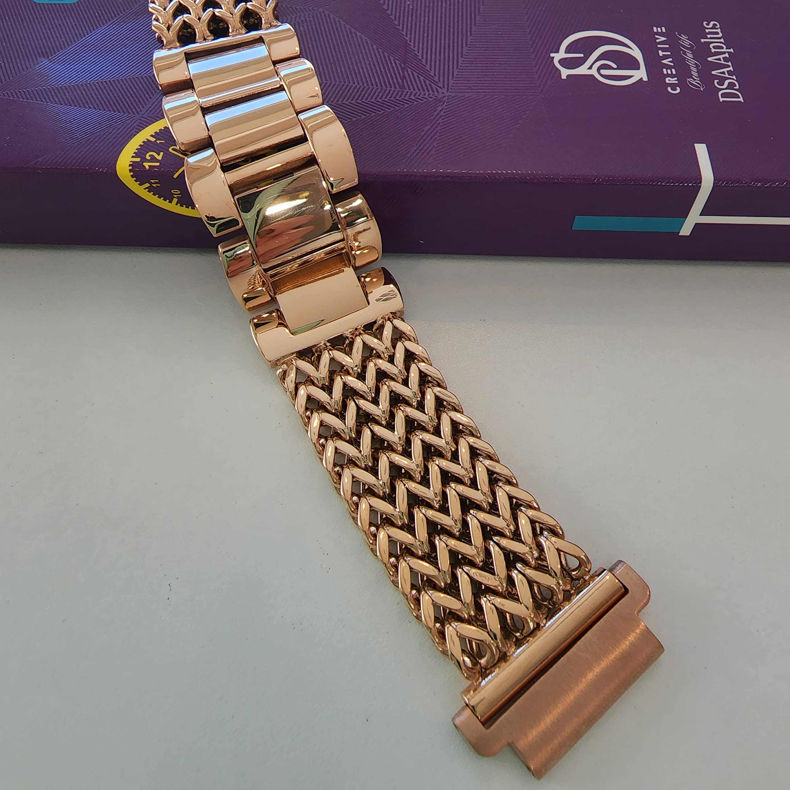 DSAAplus Gold Chain For Galaxy Watch 5 Pro 45mm/4 Classic 46mm 42mm Bands, 20mm Samsung Galaxy Watch 5/4 40mm 44mm 41mm Stainless Steel Metal Cowboy Chain Strap Wristband (M/L, U rose gold mesh)