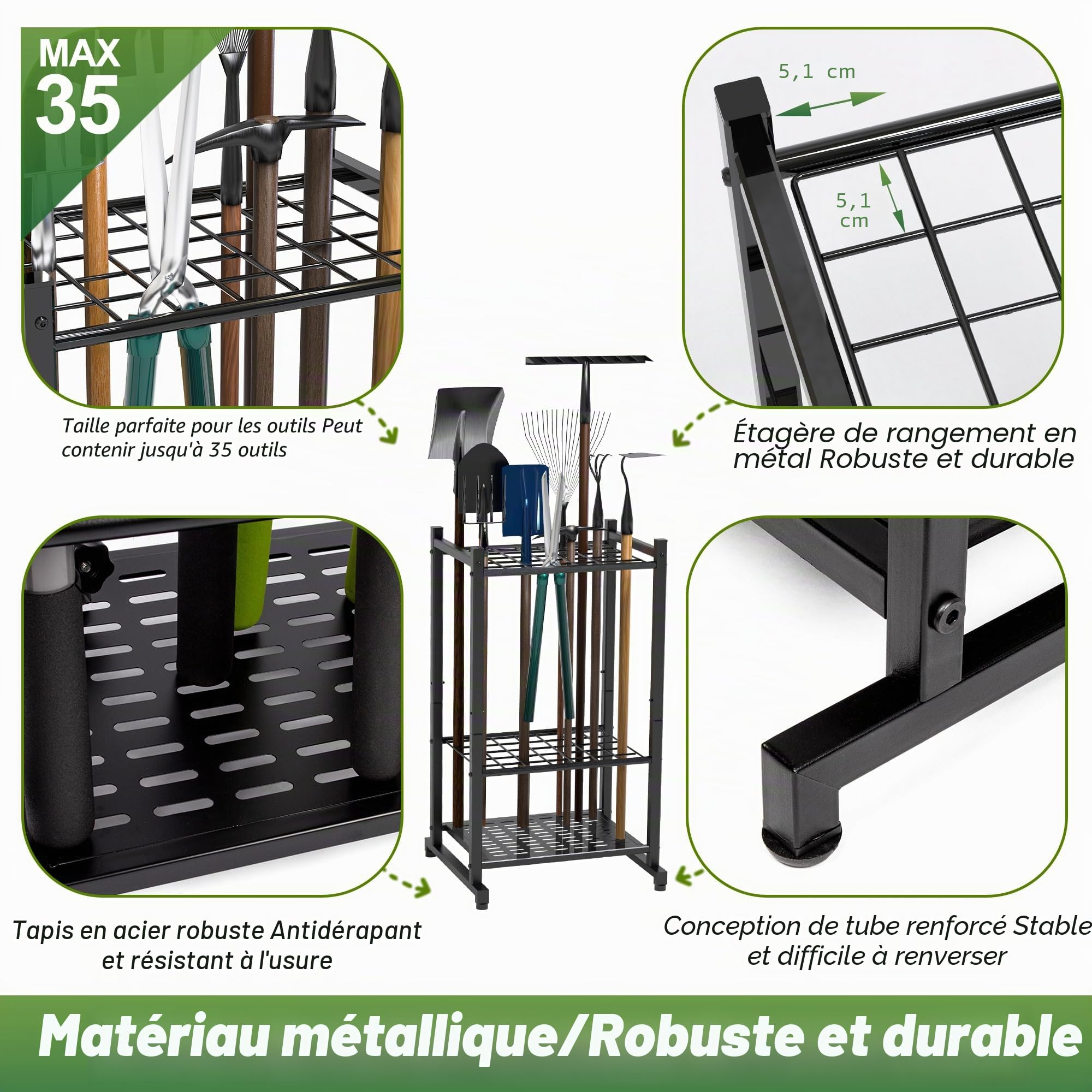 Organiseur outil de jardin et tour robuste pour l'organisation et le rangement du garage, jusqu'à 35 outils à long manche, râteaux/balais
