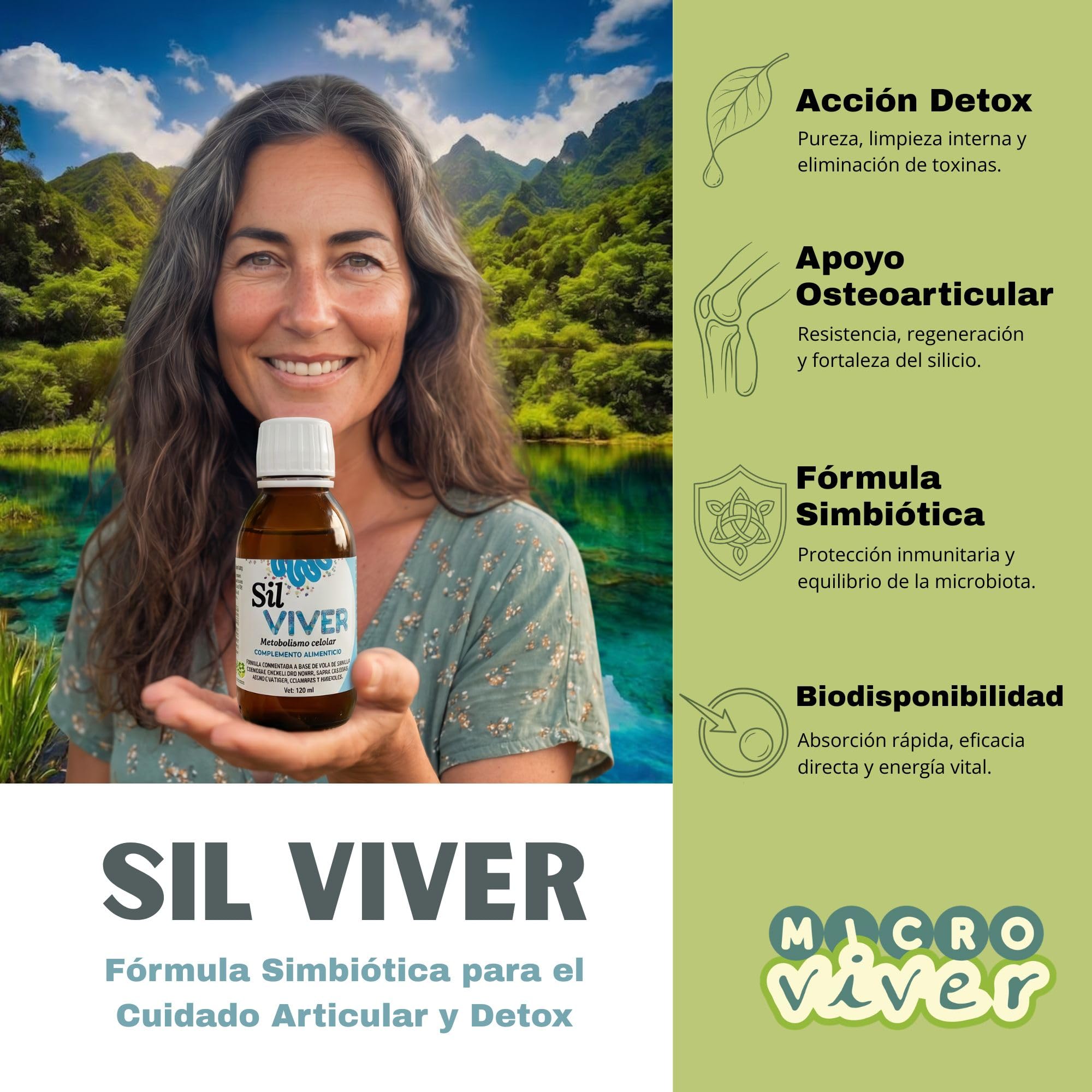 Microviver Sil VIVER 125ml Suplemento Simbiótico Líquido con Silicio y Probióticos para Bienestar Articular y Digestivo Vegano y sin Alcohol