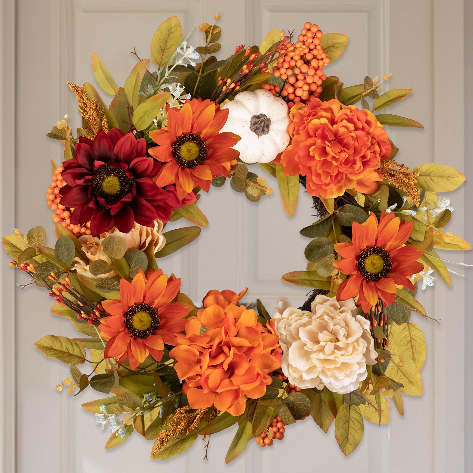 Couronne D'Automne Artificielle Benjia - 45 Cm, Feuilles D'Érable & Citrouille Blanche - Décoration Porte Ou Mur