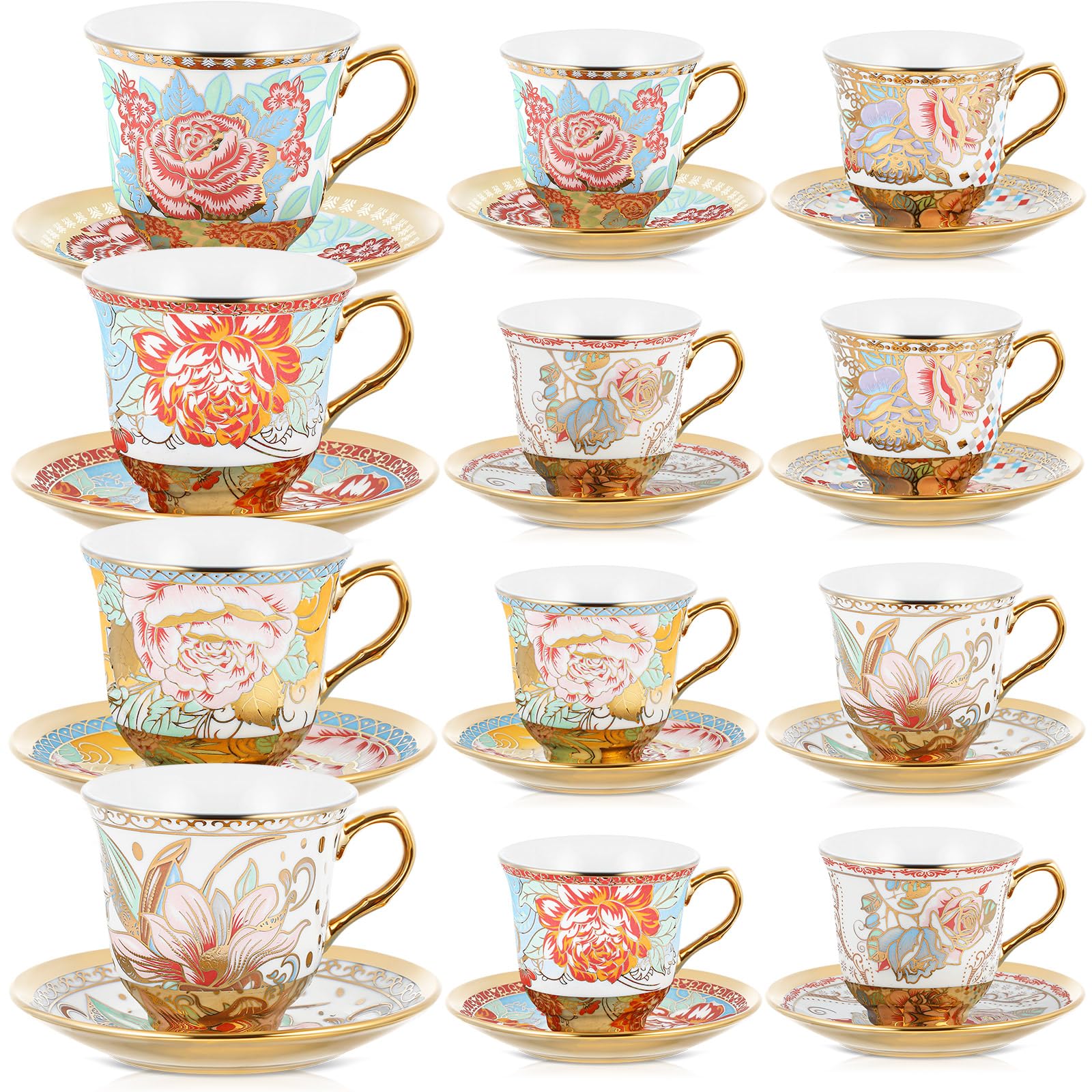 Teenyyou Set of 12 Tea Cups and Saucers, Vibrant Style, 7.4 oz