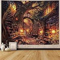 Accnicc Forest Library Tapestry: Vintage Fantasy Tree Bookshelf Treehouse Wall Hanging, 80x60 Inch Bedroom Dorm Decor