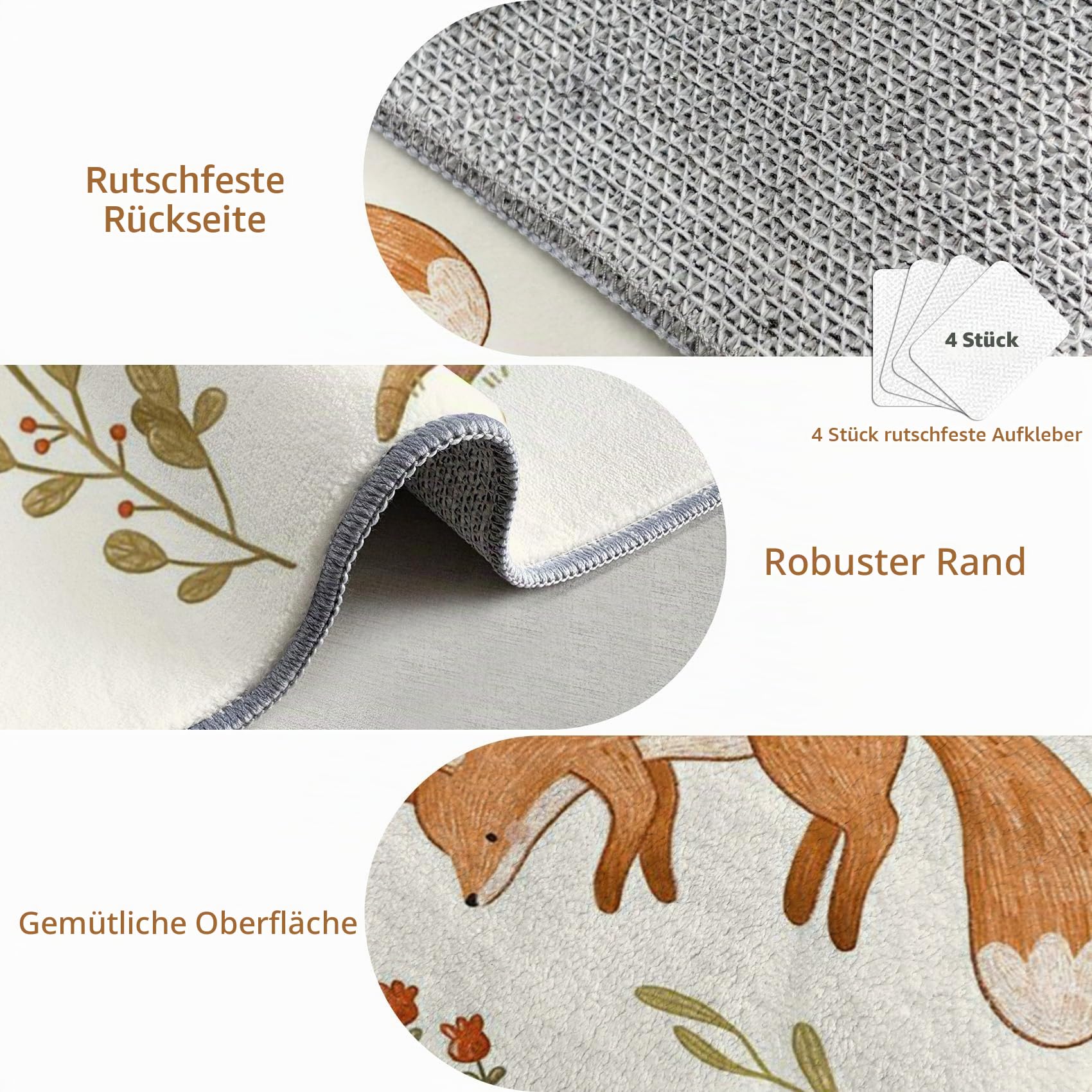 Fuchs Teppich Rund 120cm Kurzflor - Waschbare Teppiche Wohnzimmer Kinder Cartoon Tiere - Runder Teppich 120 Durchmesser Kinderzimmer - Bettvorleger Schlafzimmer rutschfest Weich