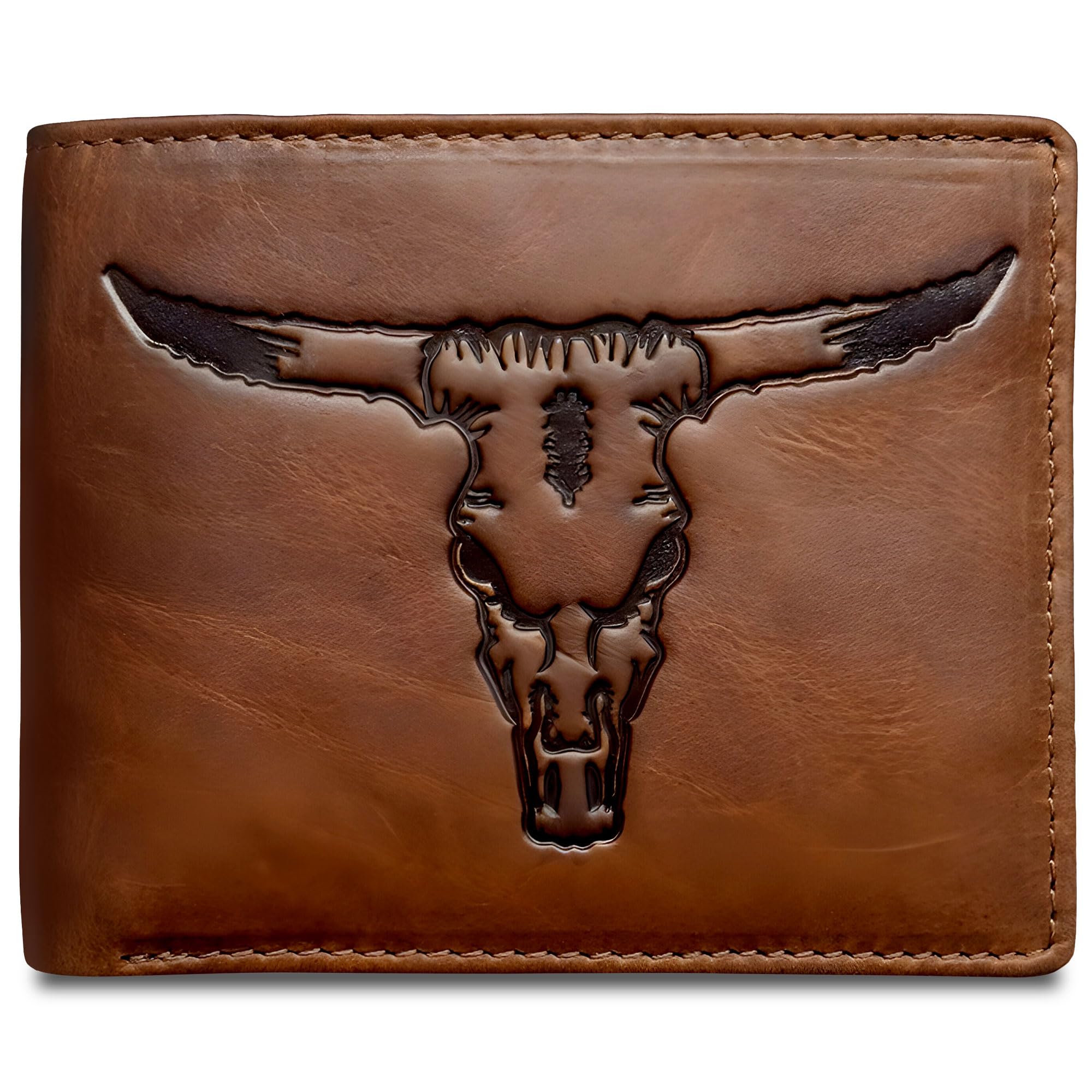 MID WEST RANGE Texas Longhorn Bifold Wallet - Western Wallet for Men -Longhorn Cowboy Wallet - RFID Blocking & 9 Card Slots - Distressed Leather