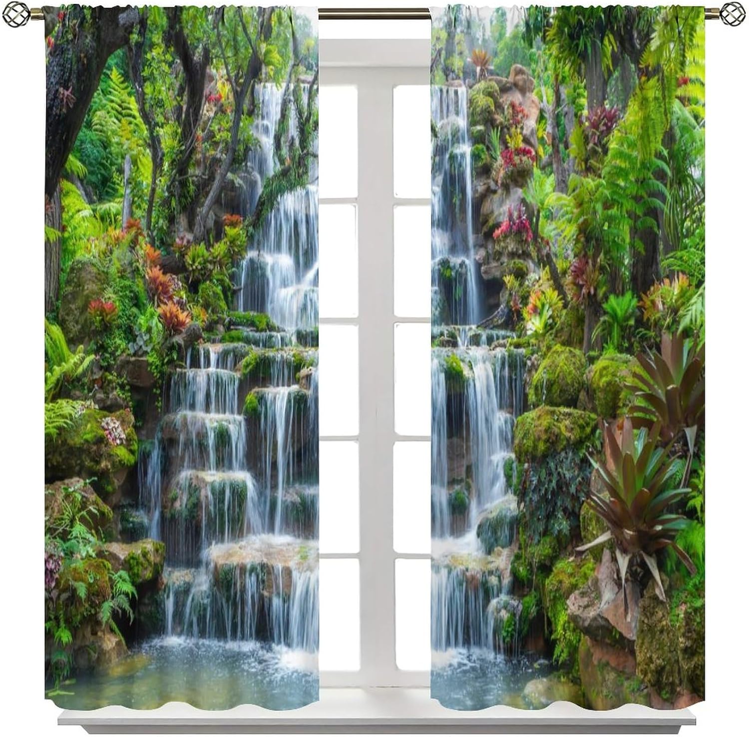 Waterfall Curtains，Spring Nature Theme Pink Red Floral Forest Landscape Scenery Pattern Waterproof Fabric Rod Pocket Window Drapes for Bedroom Living Room Cafe Set 2 Panels,42x63 Inches