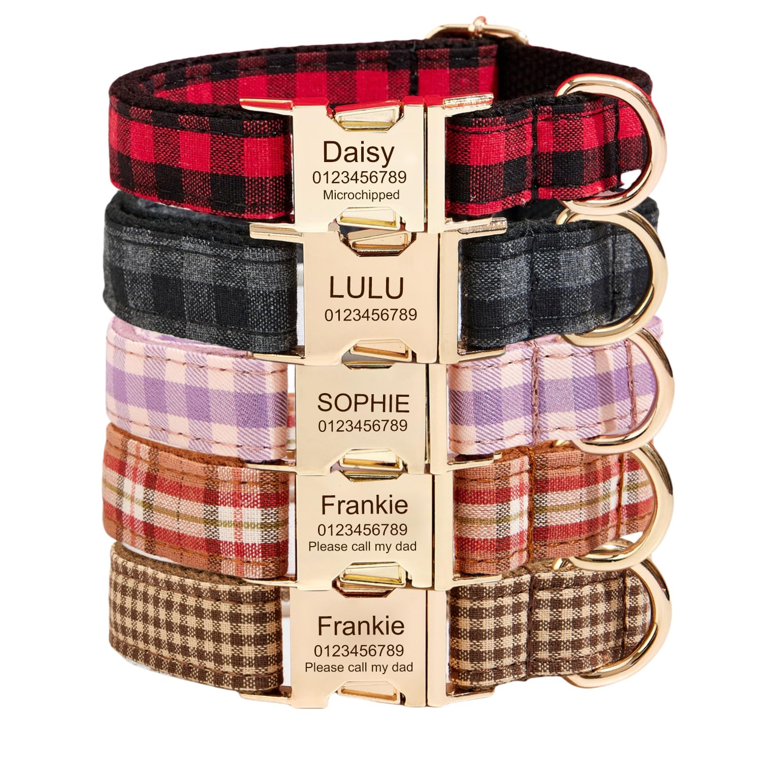 Custom Engraved Dog Collar with Name and Phone Number, Personalized for Small, Medium, and Large Dogs (Plaid)