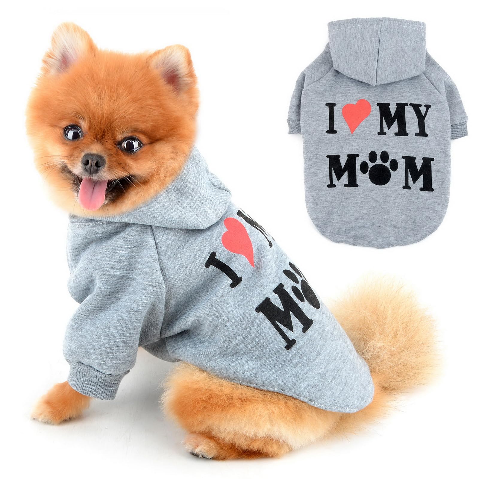PAIDEFUL Warm Fleece Dog Coat for Small Dogs Soft Windproof Doggy Hoodie Fashion Puppy Sweatshirts with I Love My Mom Printed Thermal Pet Jacket Short Sleeve Cat Clothes Leash Hole,Gray,XL
